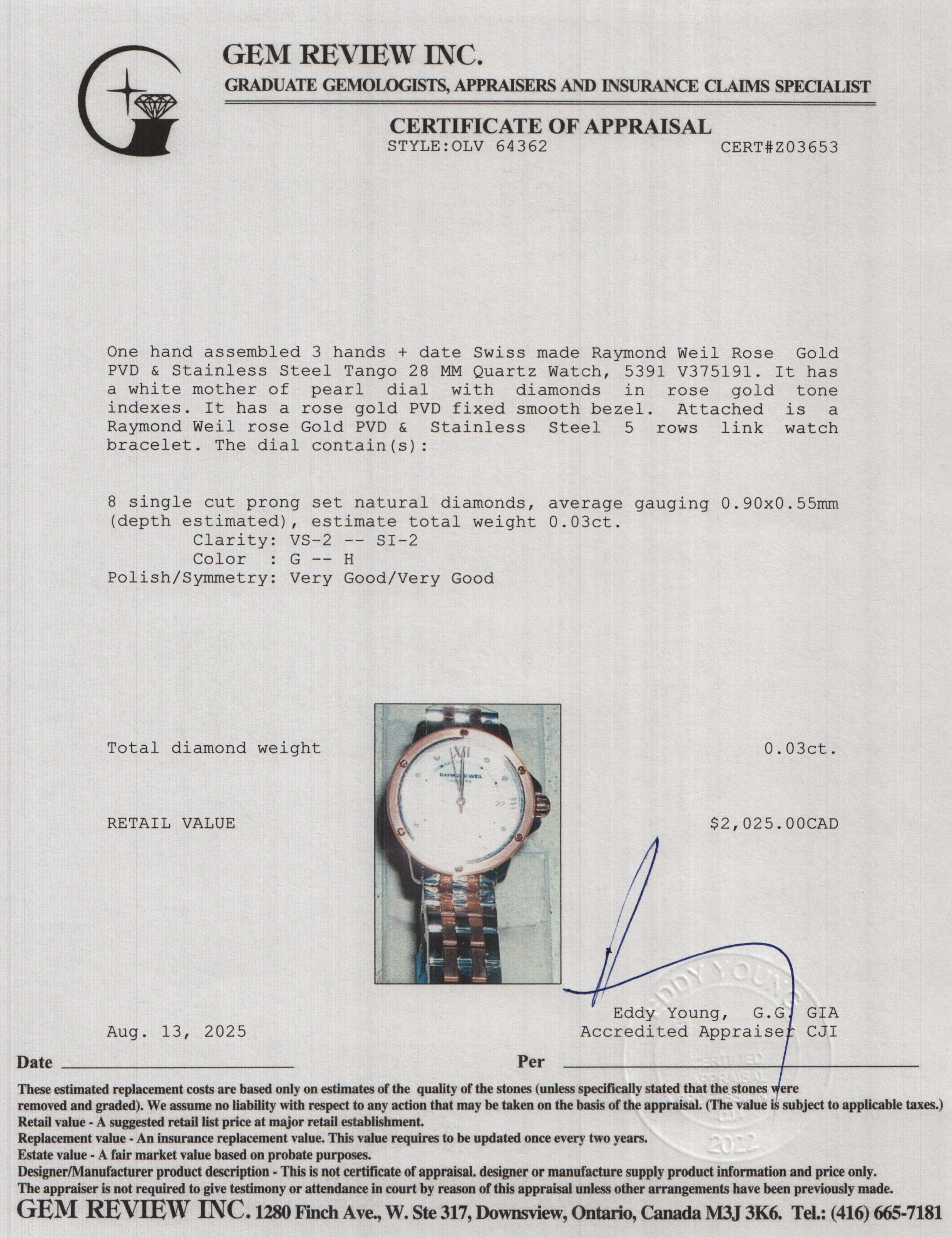 Raymond Weil Rose Gold PVD & Stainless Steel Tango 28 MM Quartz Watch Mother of Pearl Diamond Dial 5391 w/ Papers - Image 6