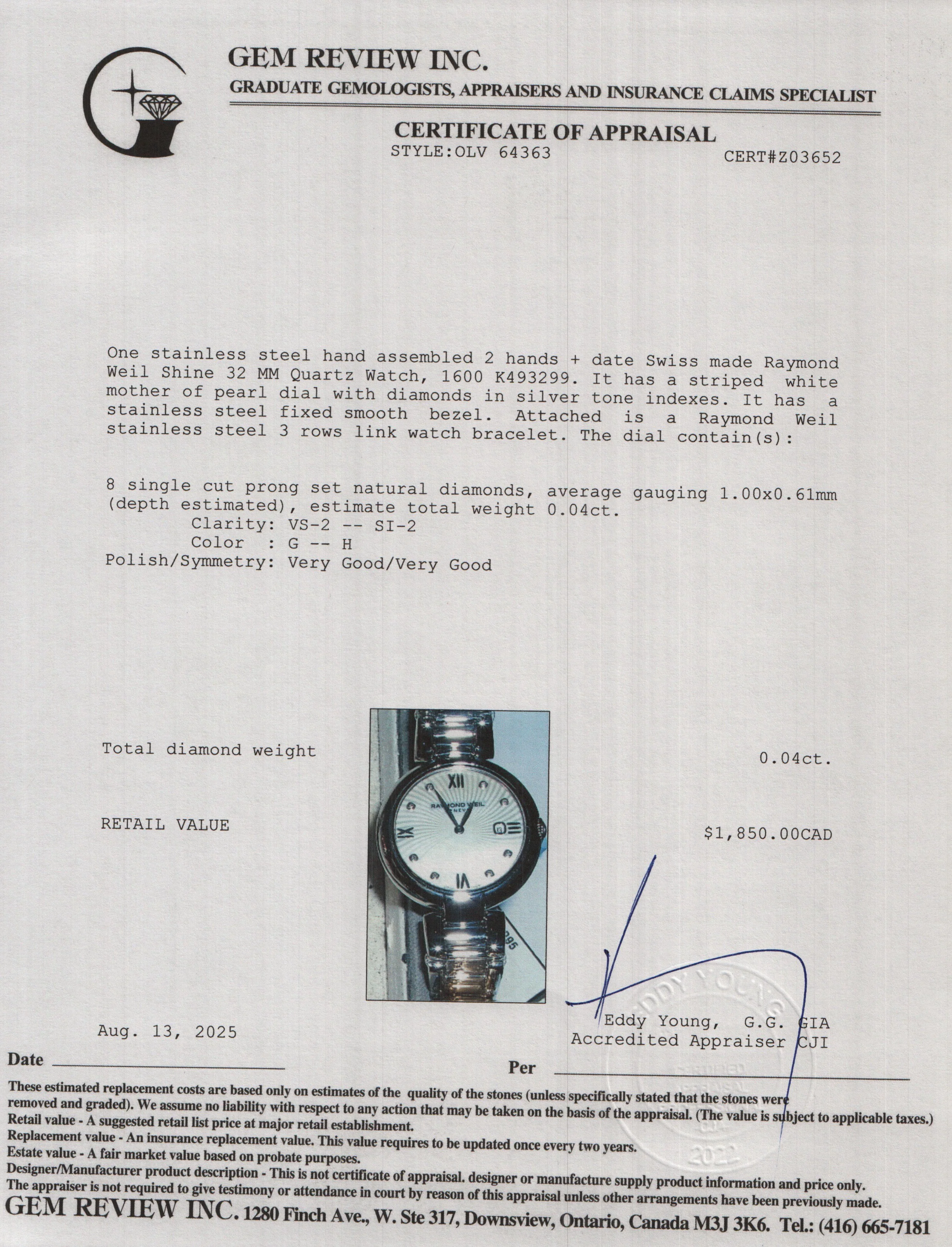 Raymond Weil Stainless Steel Shine 32 MM Quartz Watch Mother of Pearl Diamond Dial 1600 w/ Papers - Image 6