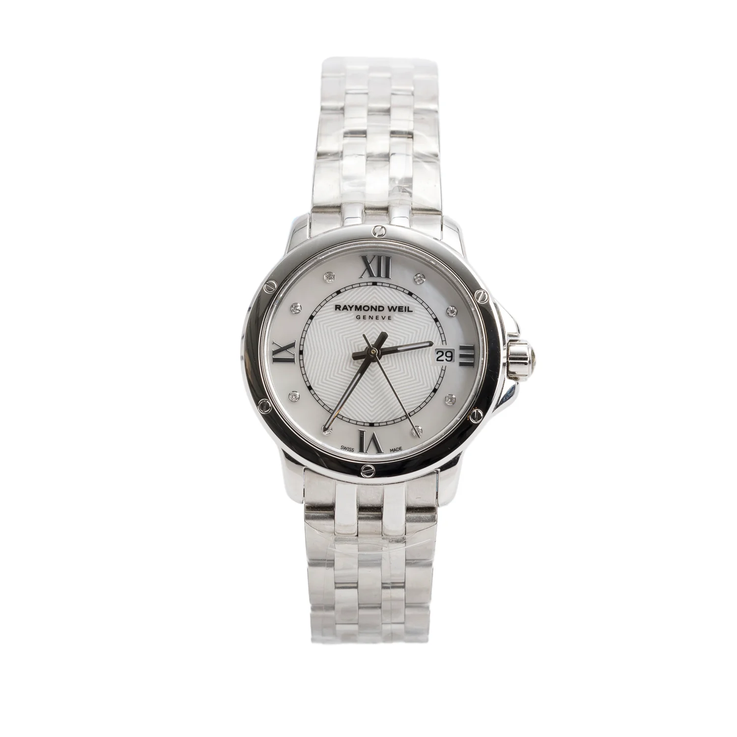 Raymond Weil Stainless Steel Tango 28 MM Quartz Watch Mother of Pearl Diamond Dial 5391 w/ Box & Papers