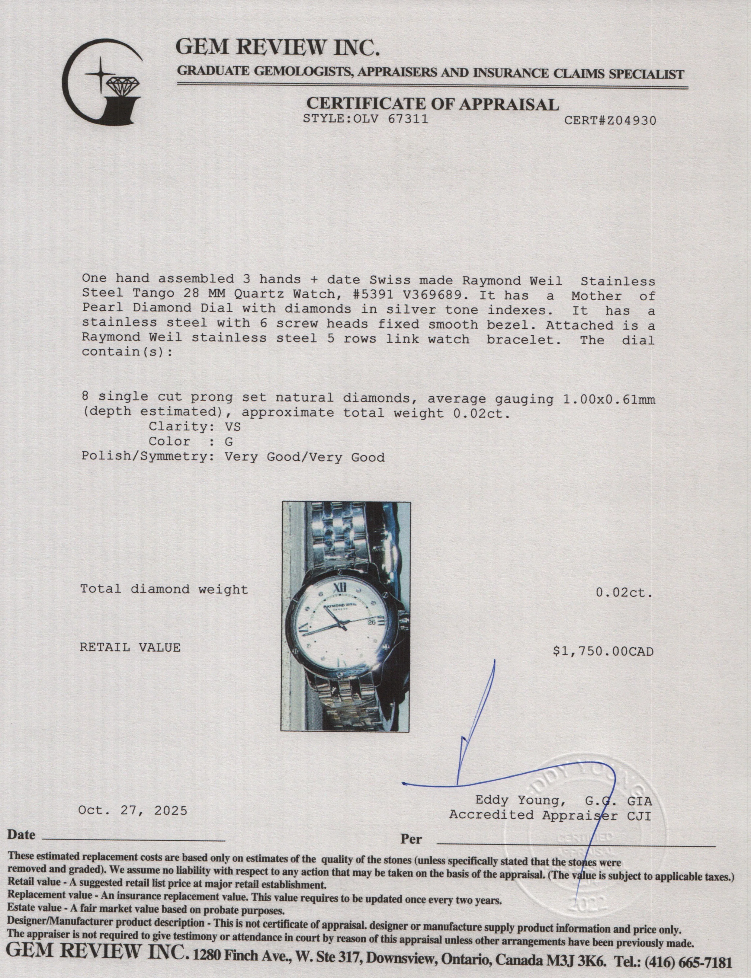 Raymond Weil Stainless Steel Tango 28 MM Quartz Watch Mother of Pearl Diamond Dial 5391 w/ Box & Papers - Image 6