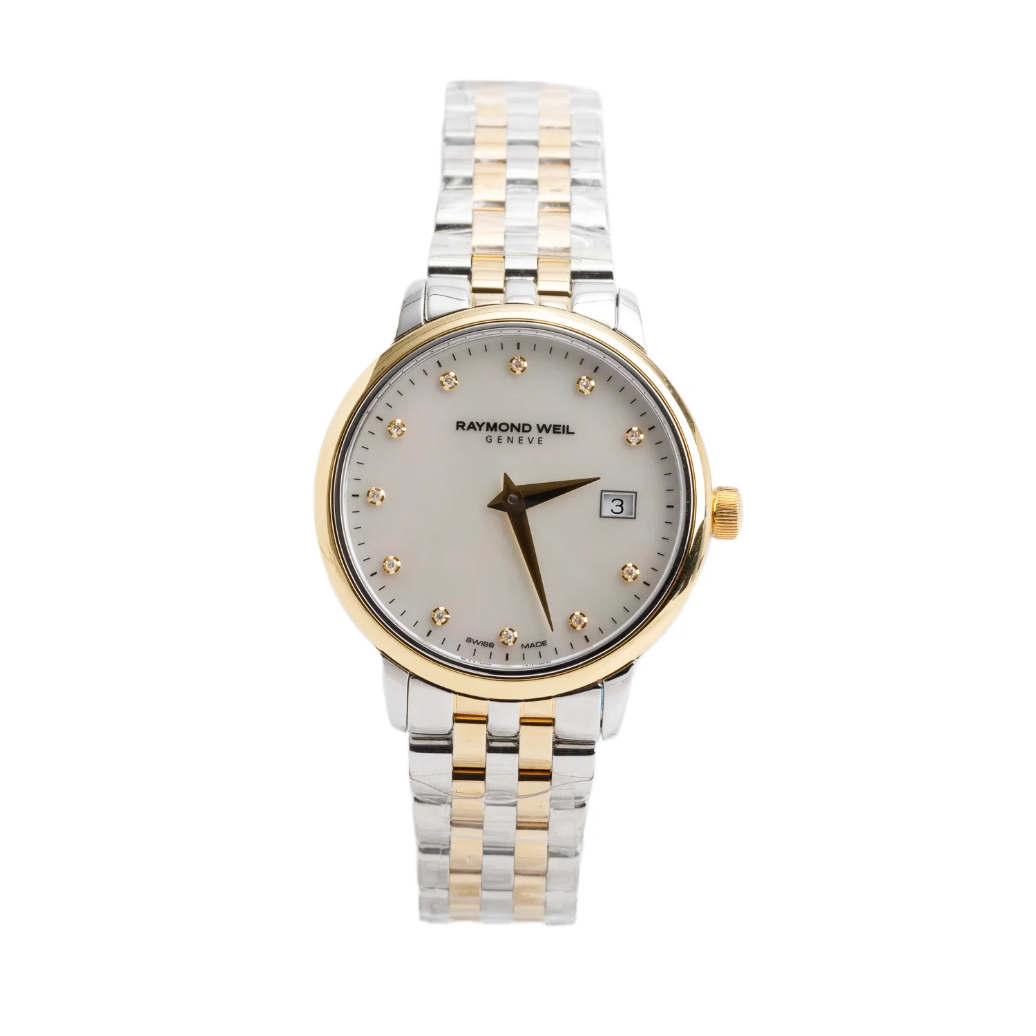 Raymond Weil Stainless Steel & Yellow Gold PVD Toccata 29 MM Quartz Watch Mother of Pearl Diamond Dial 5988 w/ Box & Papers