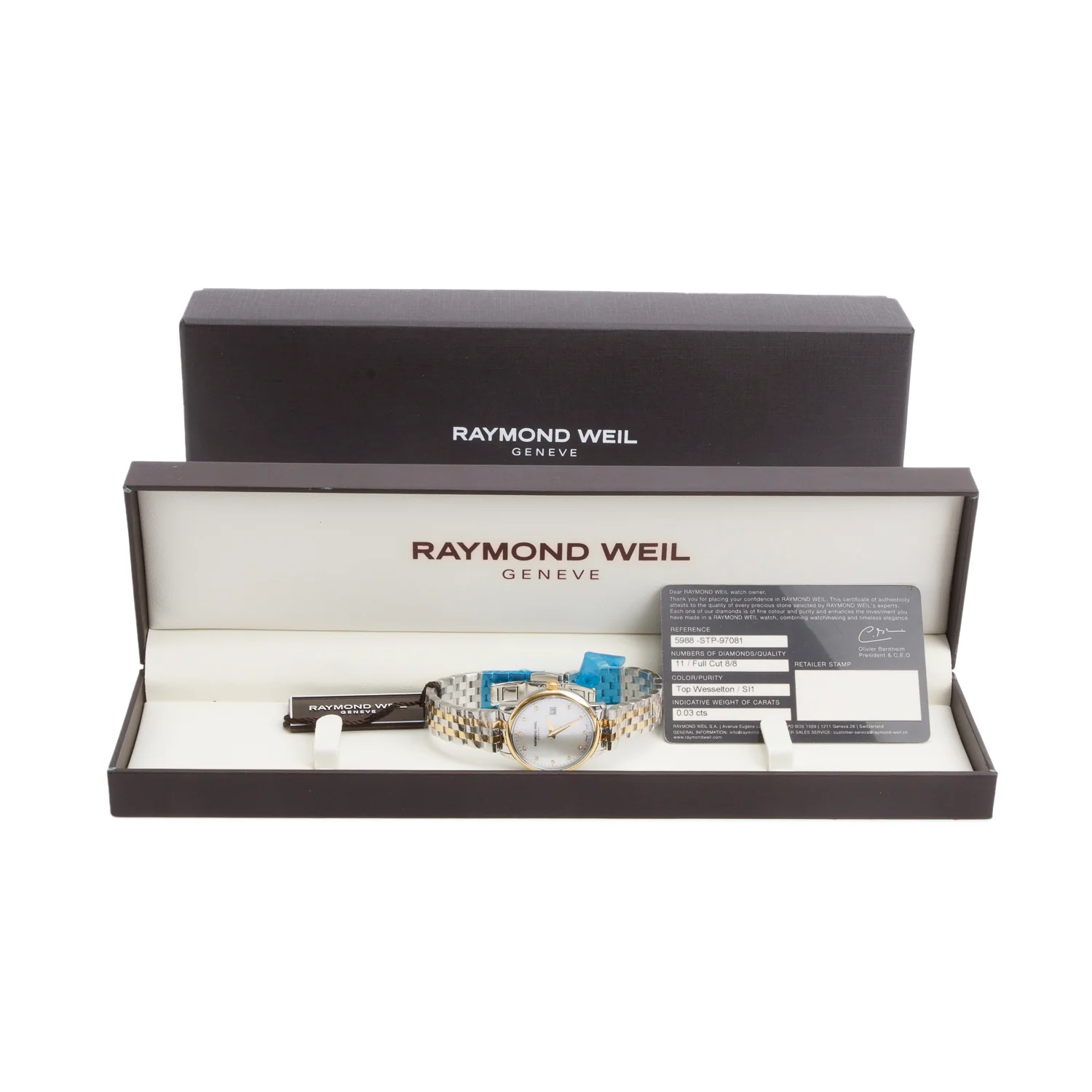 Raymond Weil Stainless Steel & Yellow Gold PVD Toccata 29 MM Quartz Watch Mother of Pearl Diamond Dial 5988 w/ Box & Papers - Image 2