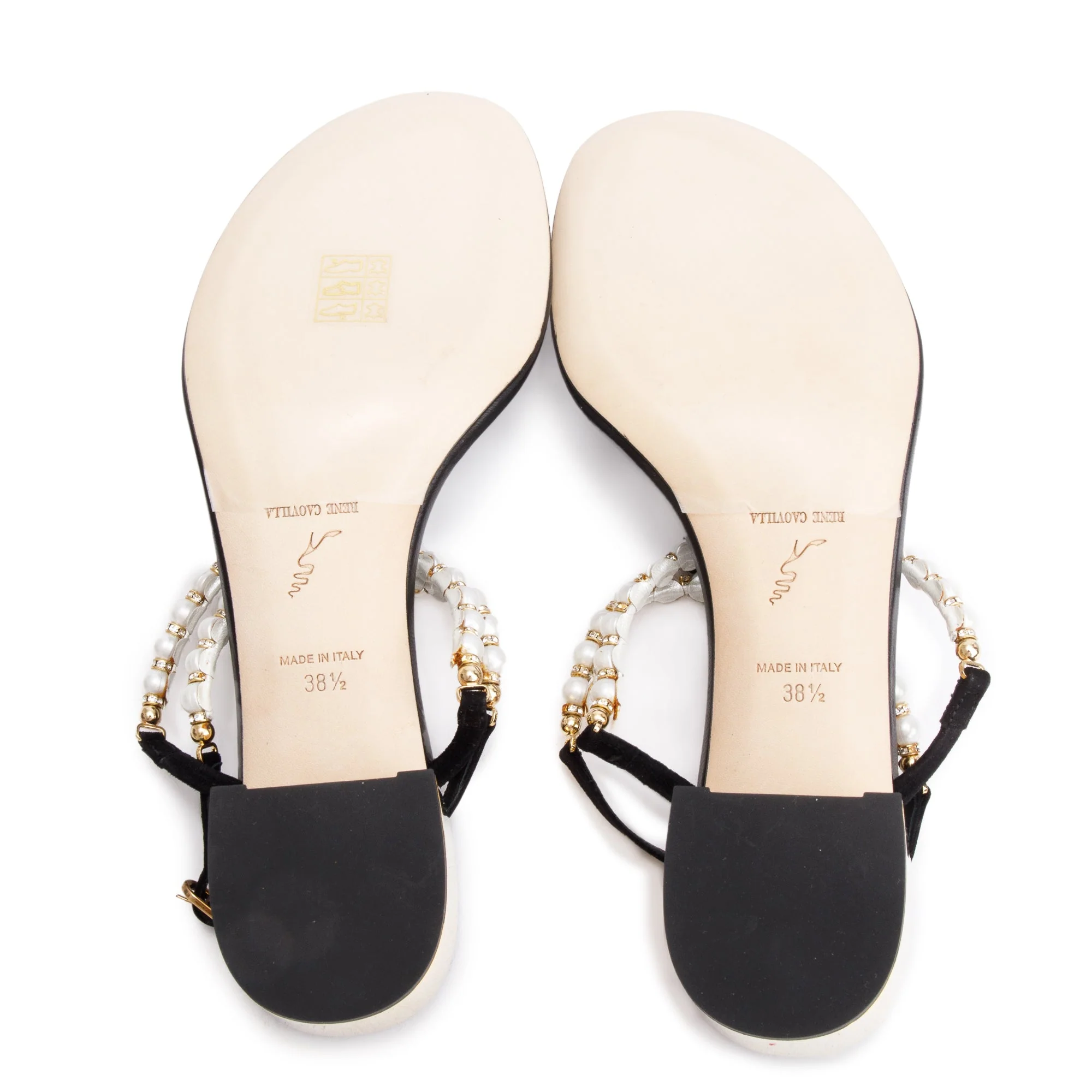 Rene Caovilla Black Leather Faux Pearl Crystal Embellished T-Strap Sandals, Size 38.5 - Image 6