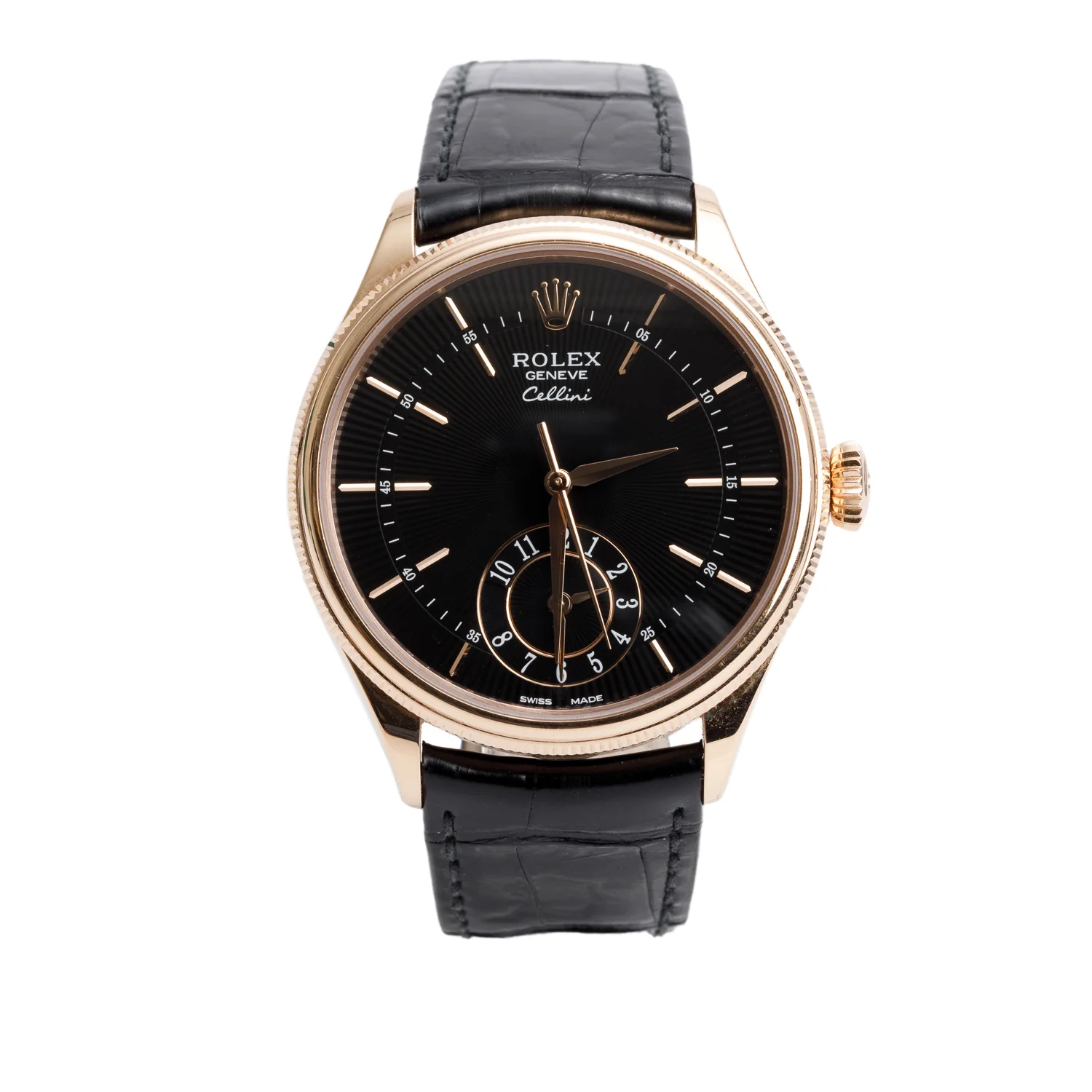 Rolex 18k Rose Gold Cellini Dual Time 39 MM Automatic Watch Black Dial 50525 w/ Box & Papers