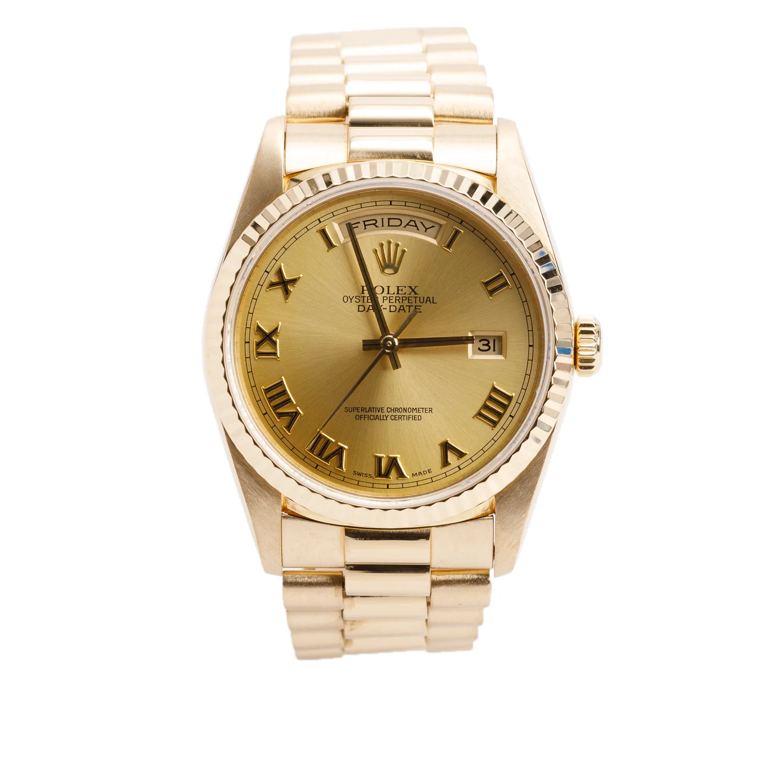 Rolex 18k Yellow Gold Day Date 36 MM President Watch Champagne Roman Dial 18238 w/ Box & Papers
