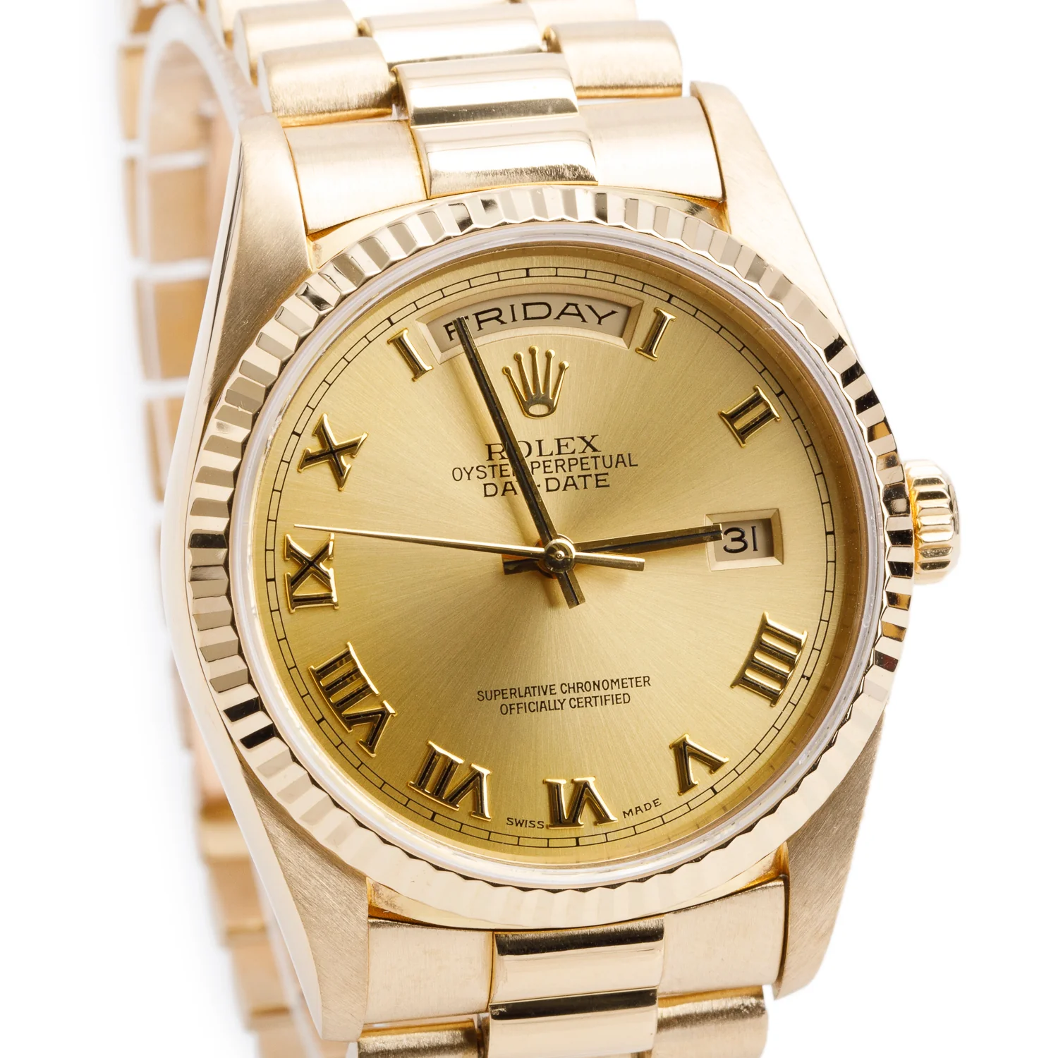 Rolex 18k Yellow Gold Day Date 36 MM President Watch Champagne Roman Dial 18238 w/ Box & Papers - Image 3