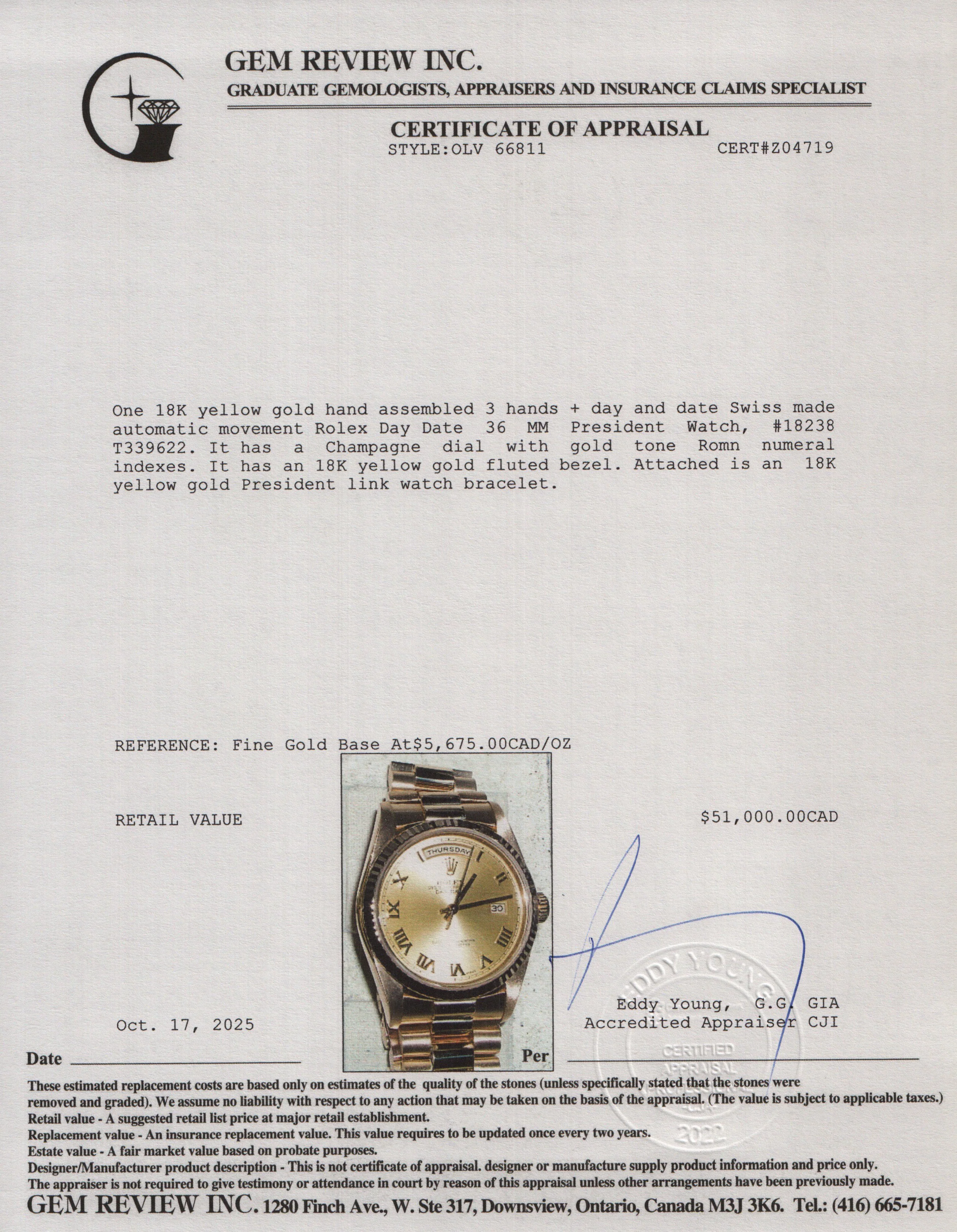 Rolex 18k Yellow Gold Day Date 36 MM President Watch Champagne Roman Dial 18238 w/ Box & Papers - Image 6