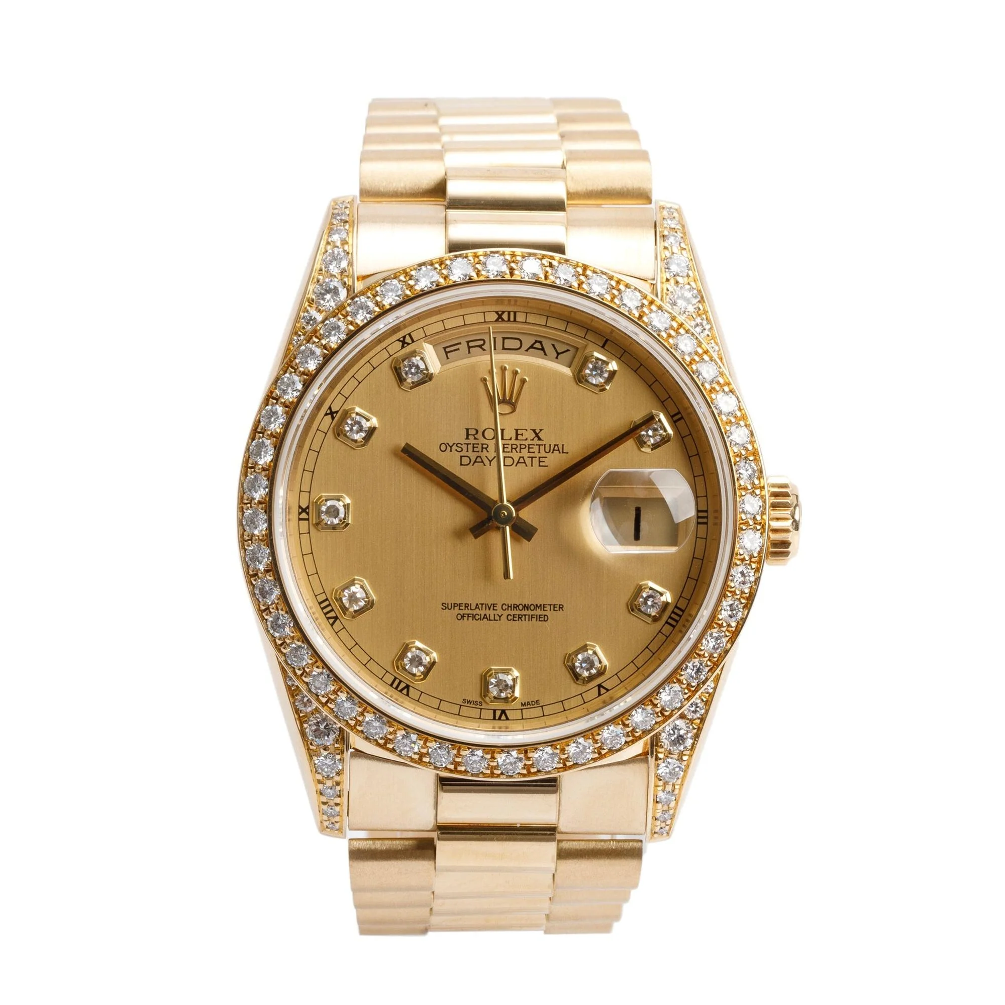Rolex 18k Yellow Gold Diamond Bezel & Dial Day Date 36 MM President Watch 18388 w/ Box