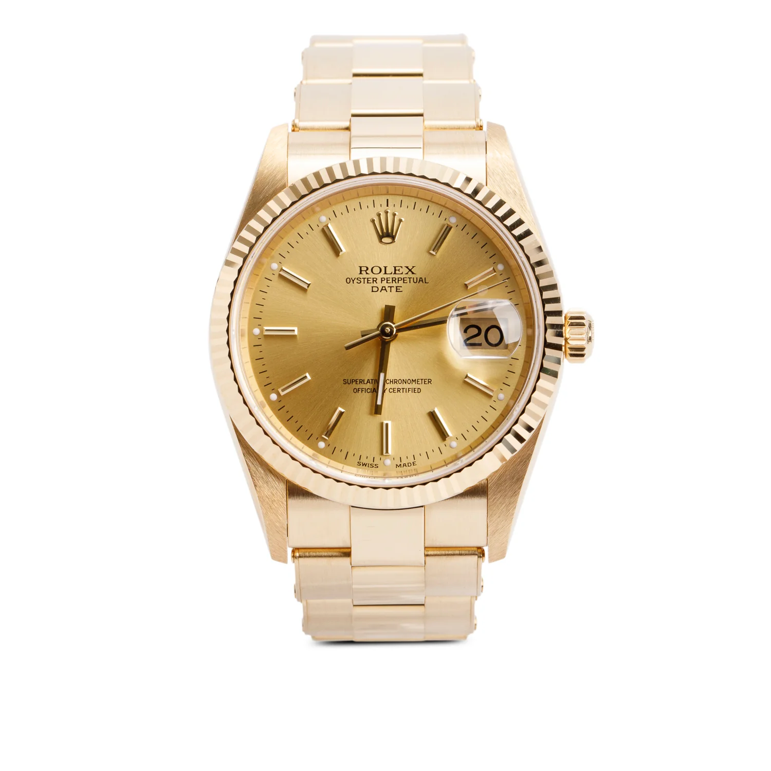 Rolex 18k Yellow Gold Oyster Perpetual Date 34 MM Watch Champagne Dial 15238 w/ Box & Papers