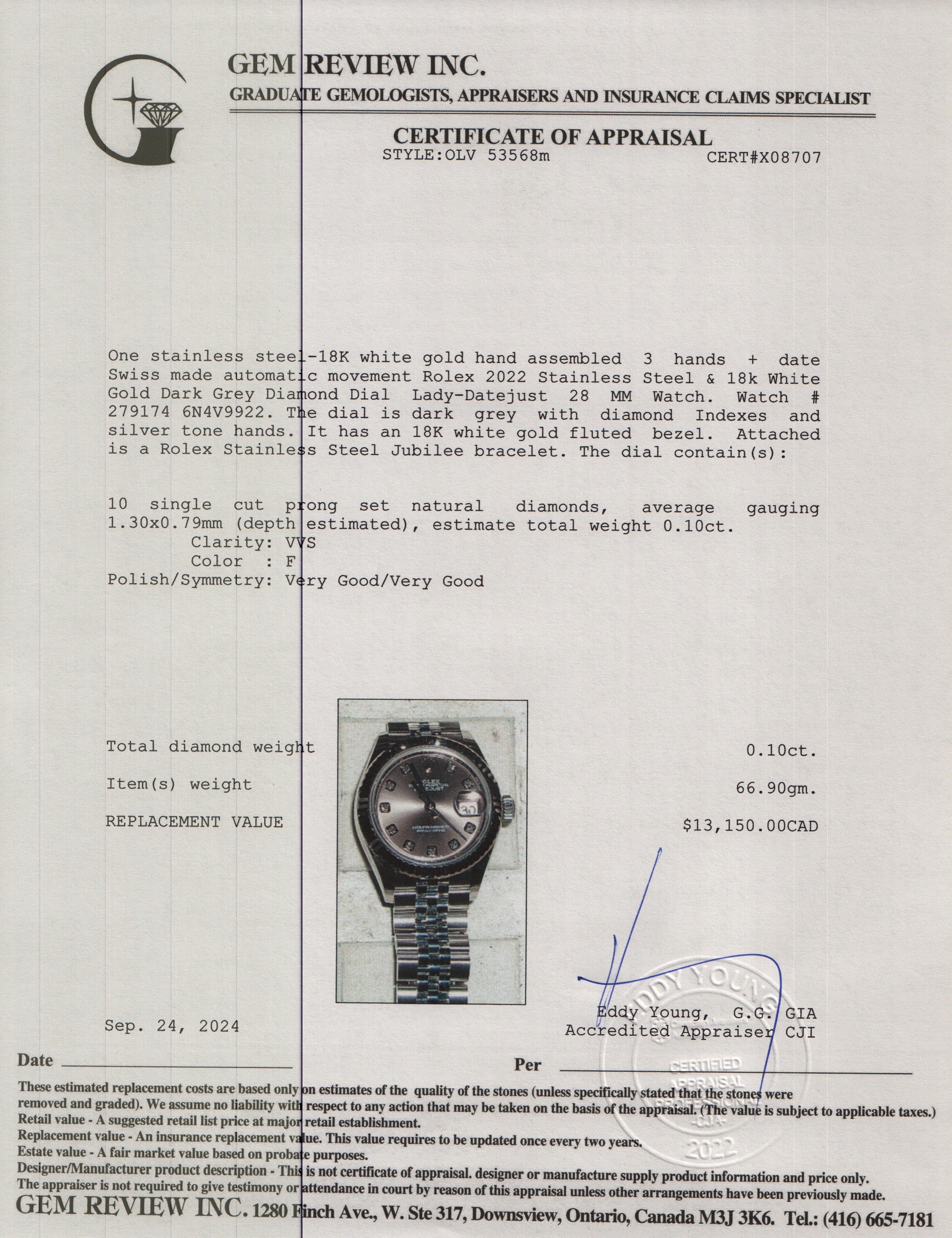 Rolex 2022 Stainless Steel & 18k White Gold Dark Grey Diamond Dial Lady-Datejust 28 MM Watch 279174 w/ Box & Papers - Image 6