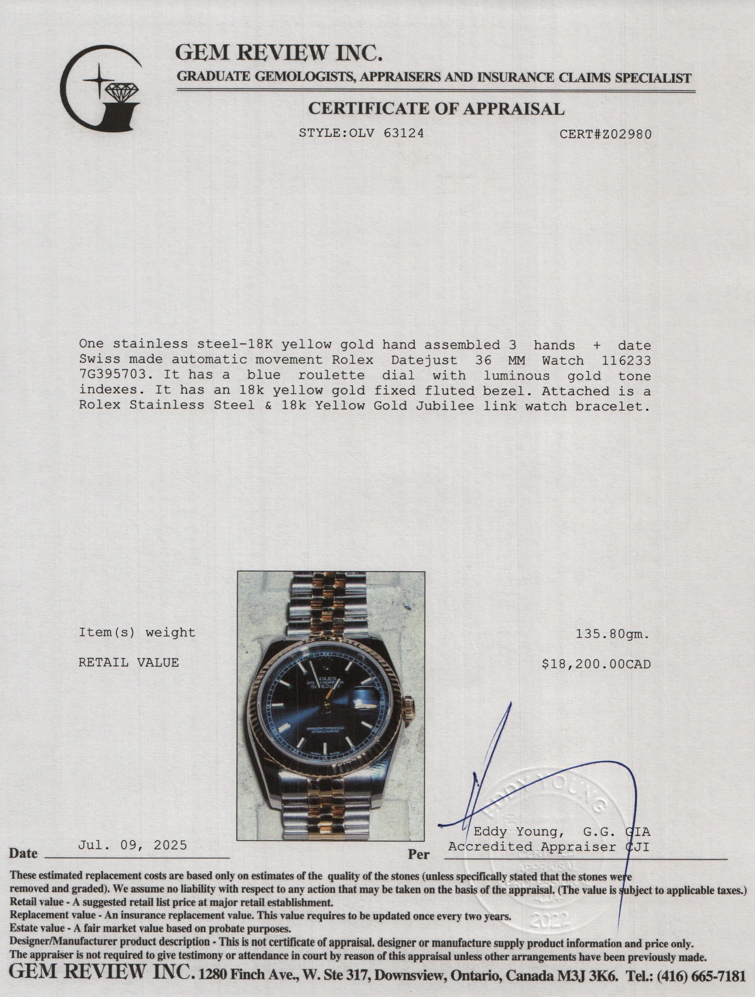 Rolex Stainless Steel & 18k Yellow Gold Blue Roulette Dial Datejust 36 MM Watch 116233 w/ Box - Image 6