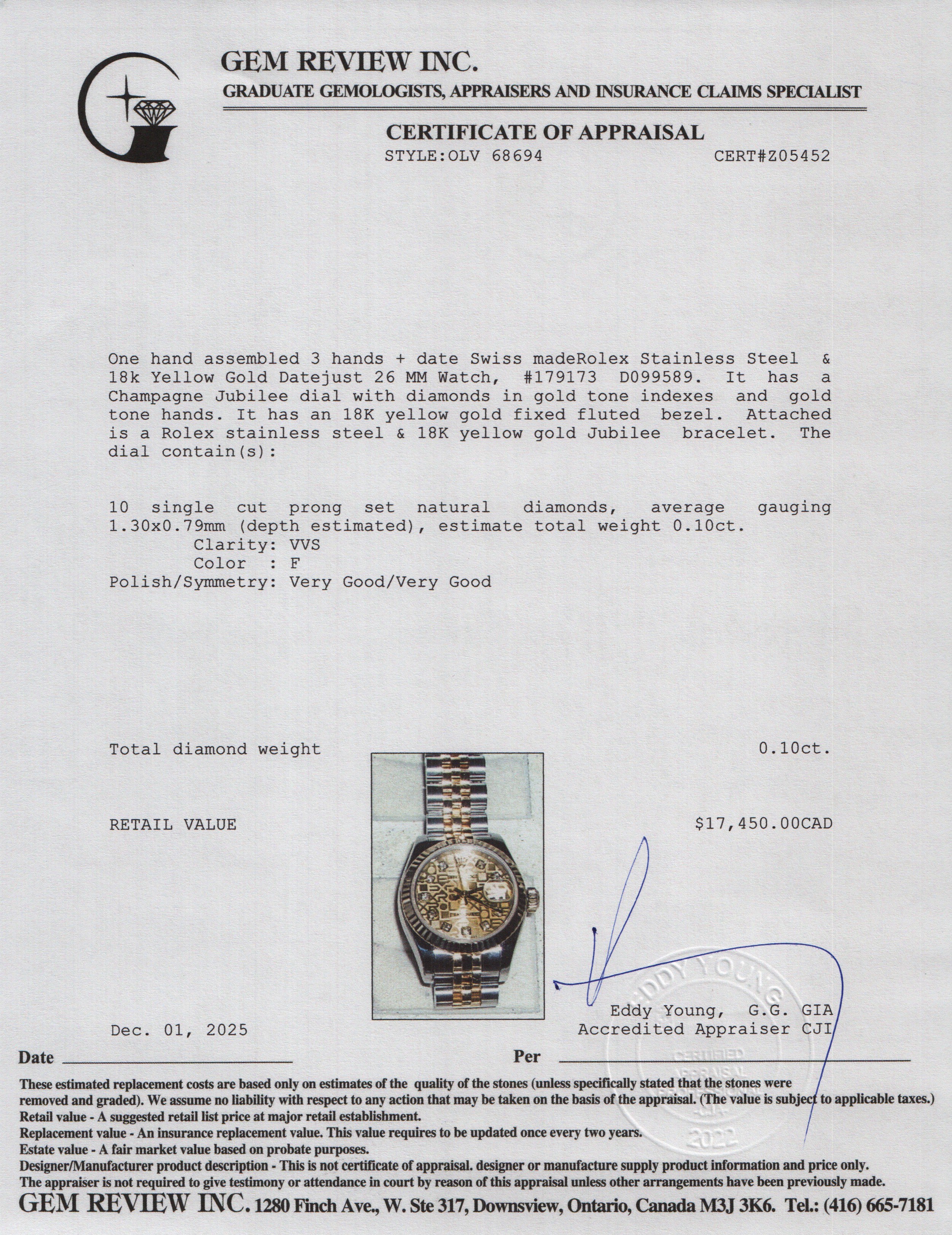 Rolex Stainless Steel & 18k Yellow Gold Datejust 26 MM Watch Champagne Diamond Dial 179173 w/ Papers - Image 6