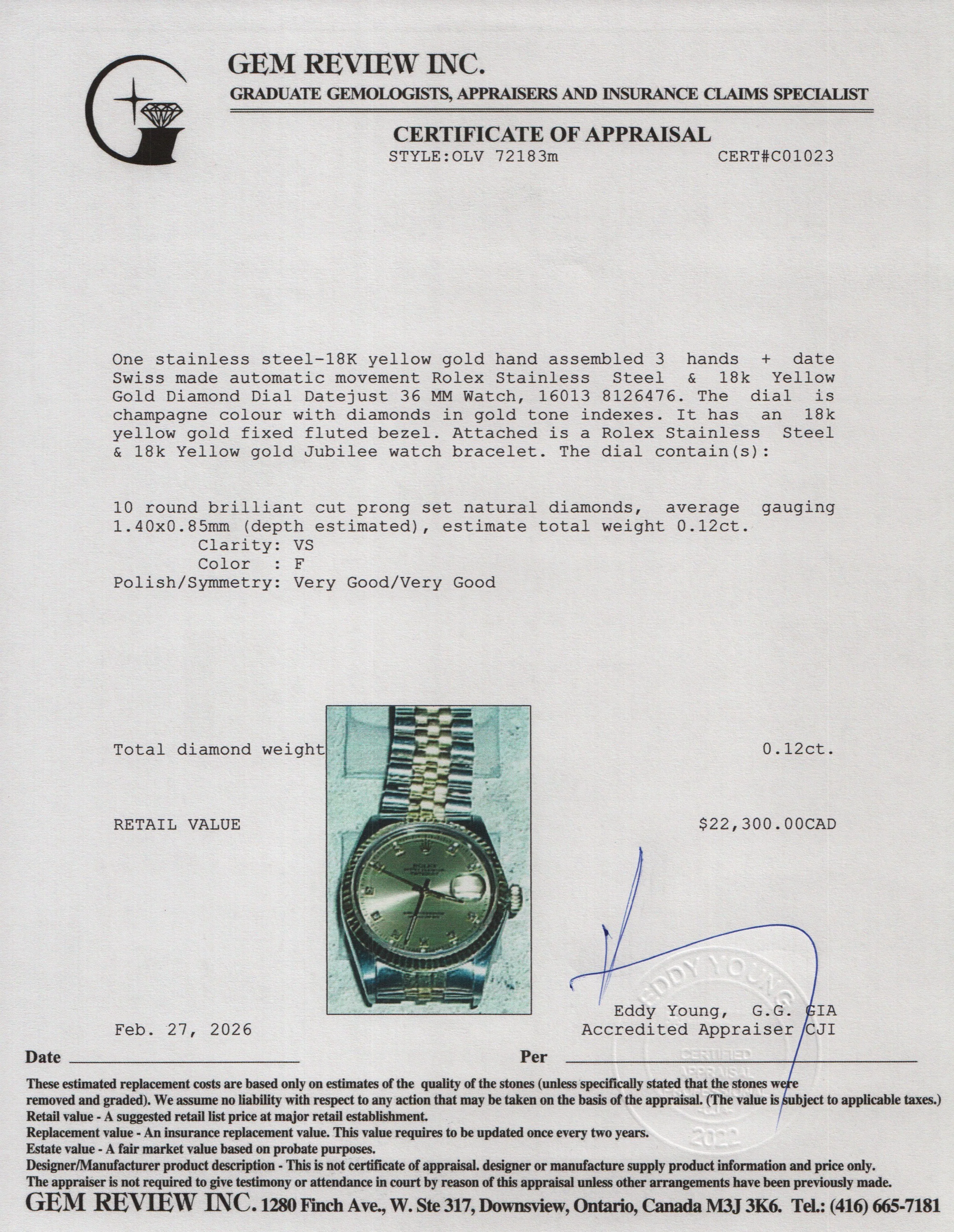 Rolex Stainless Steel & 18k Yellow Gold Datejust 36 MM Watch Champagne Diamond Dial 16013 w/ Papers - Image 6