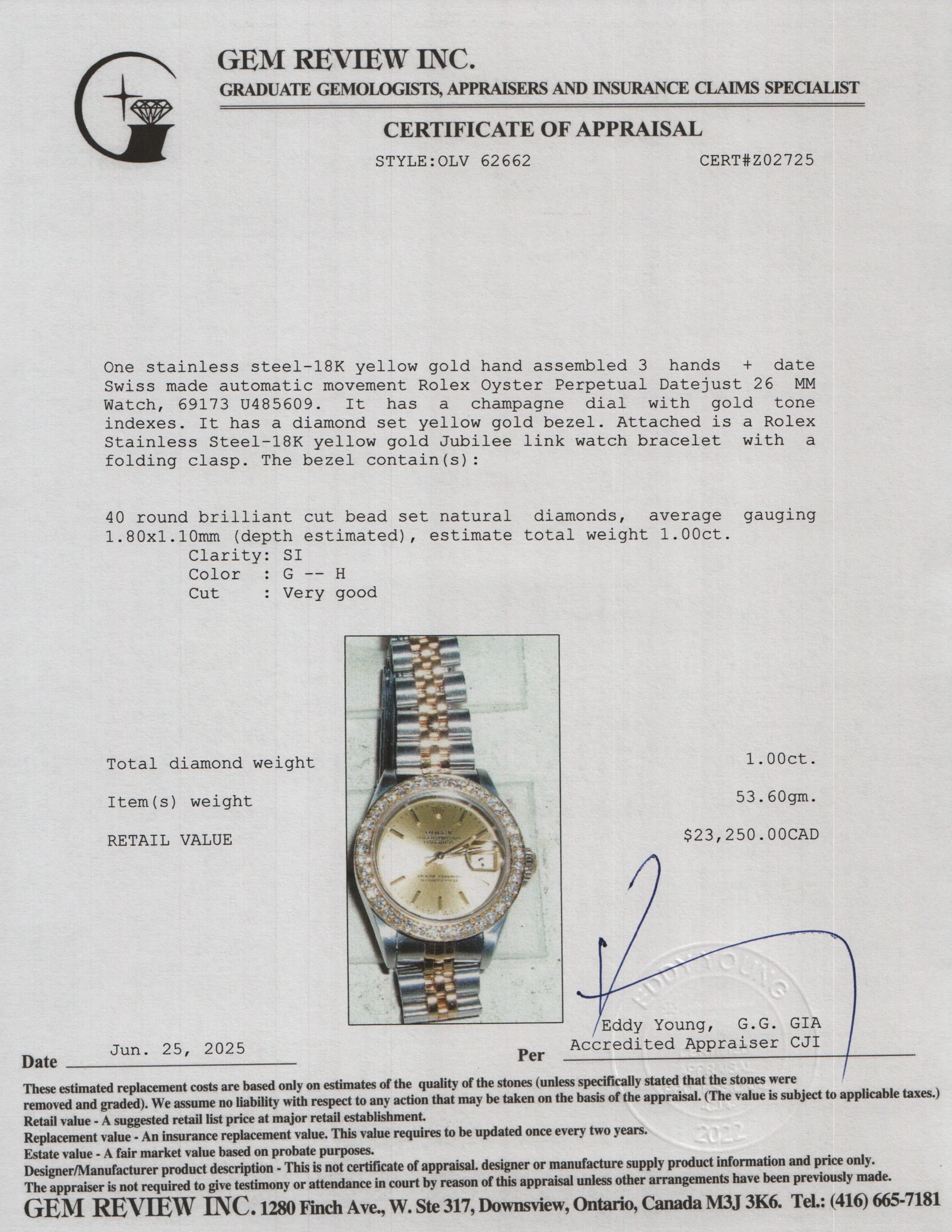 Rolex Stainless Steel & 18k Yellow Gold Diamond Bezel Datejust 26 MM Watch 69173 w/ Box & Papers - Image 6