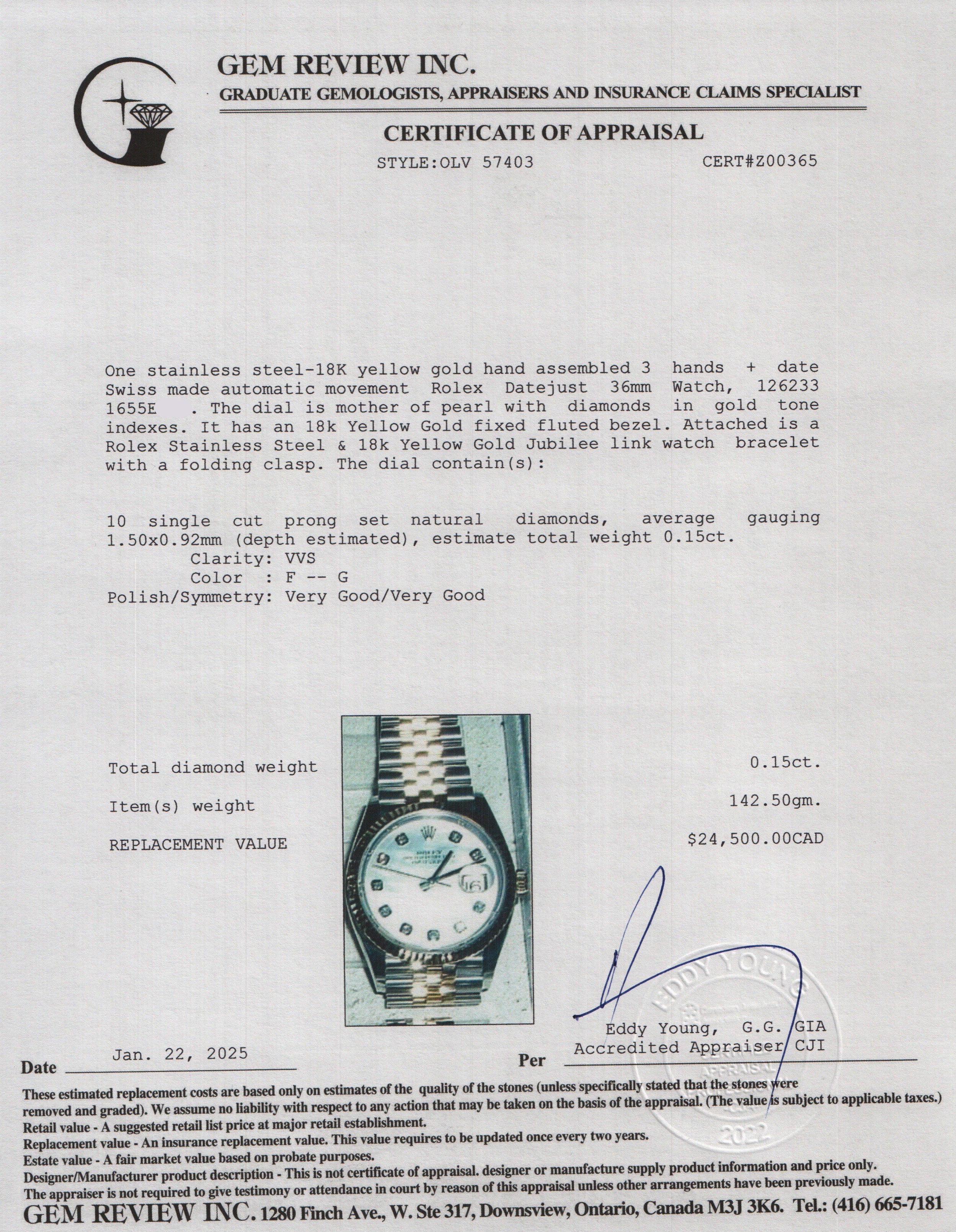 Rolex Stainless Steel & 18k Yellow Gold Mother of Pearl Diamond Dial Datejust 36 MM Watch 126233 w/ Box & Papers - Image 6