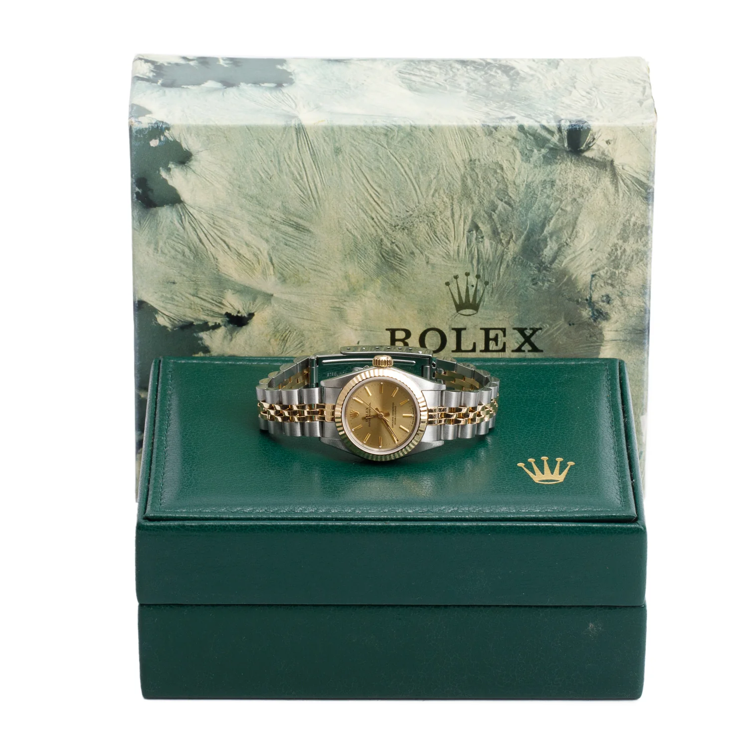 Rolex Stainless Steel & 18k Yellow Gold Oyster Perpetual 26 MM Watch Gold Dial 67193 w/ Box - Image 2