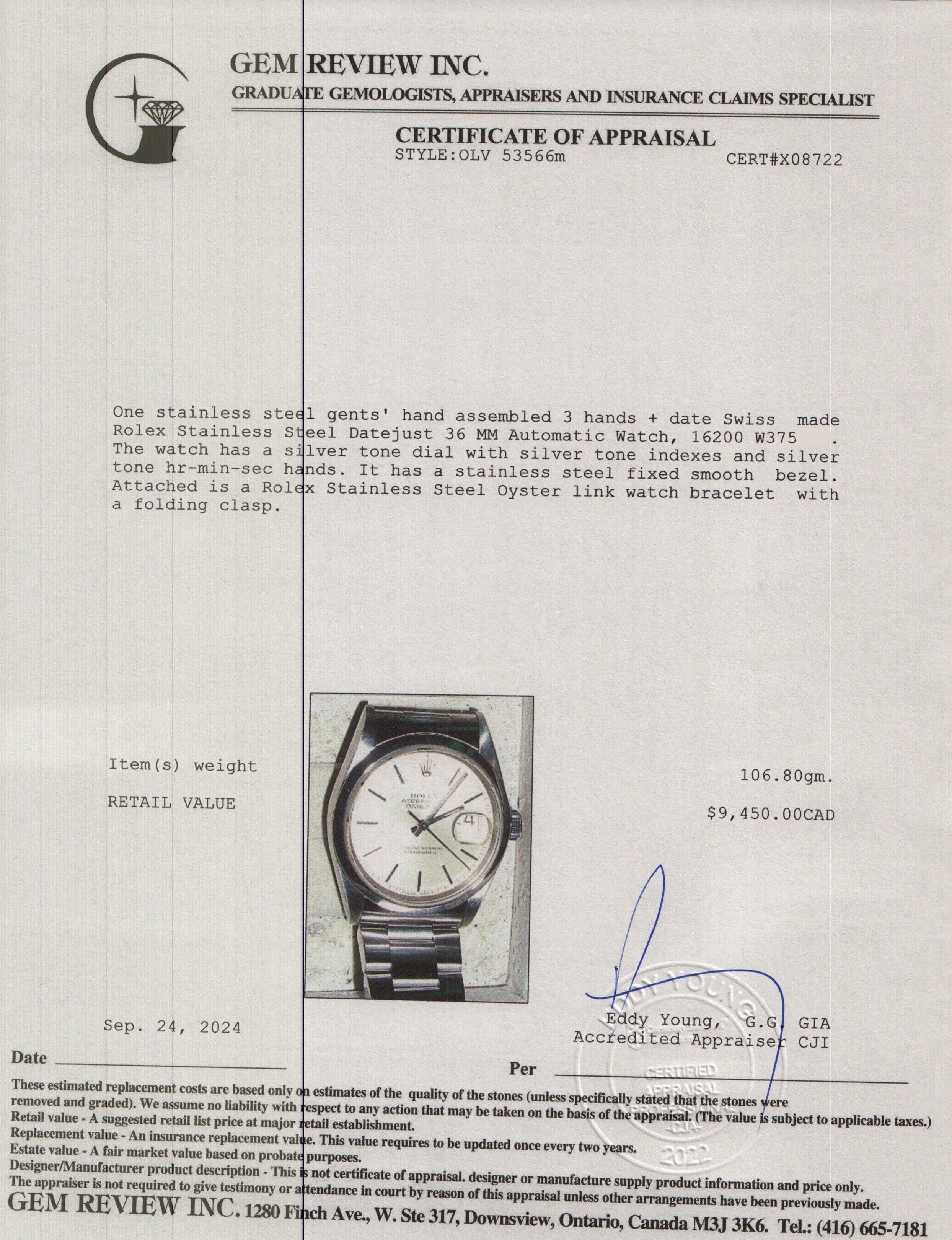 Rolex Stainless Steel Datejust 36 MM Automatic Watch 16200 w/ Box & Papers - Image 6