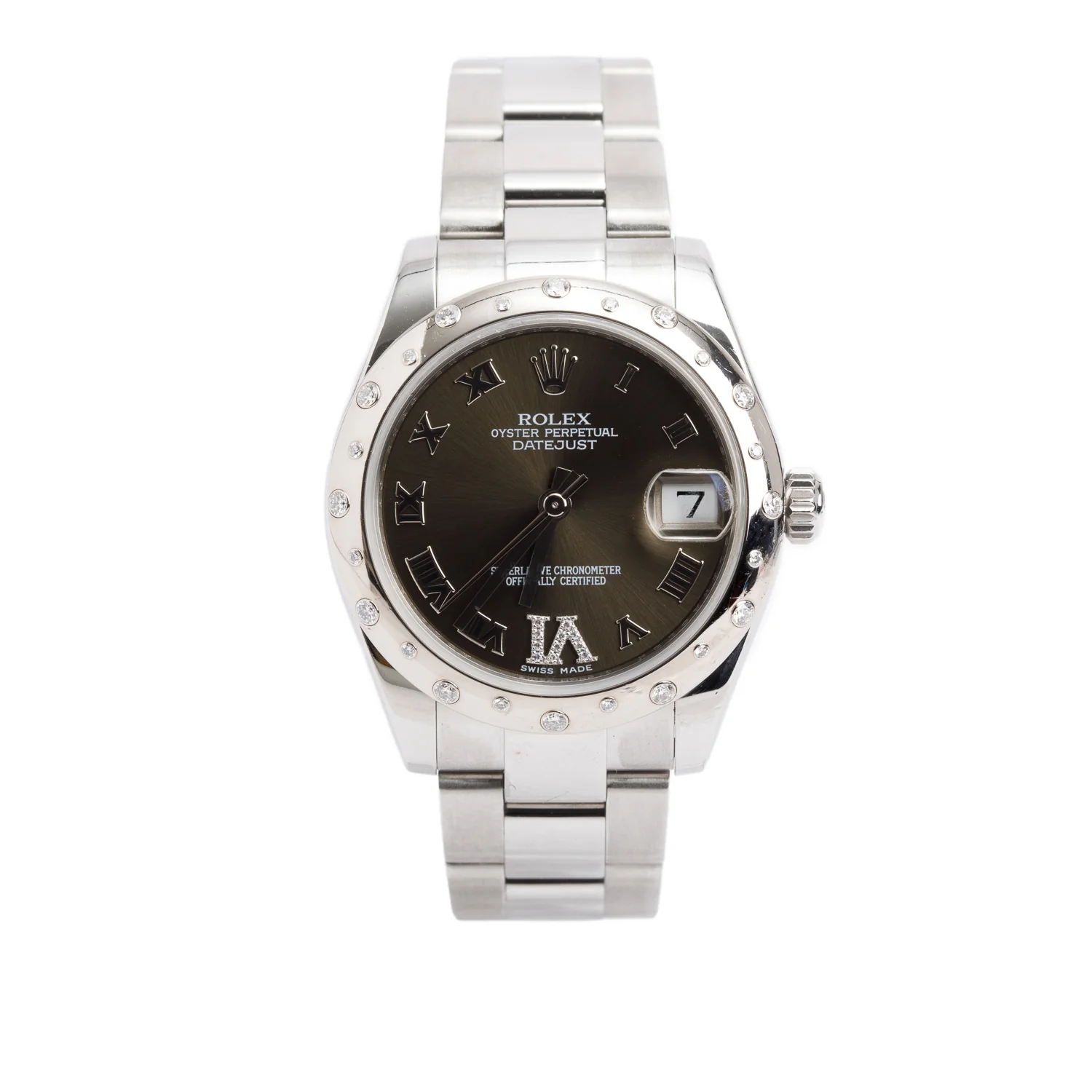 Rolex Stainless Steel Diamond Bezel Datejust 31 MM Automatic Watch Brown Diamond Dial 178344 w/ Box & Papers