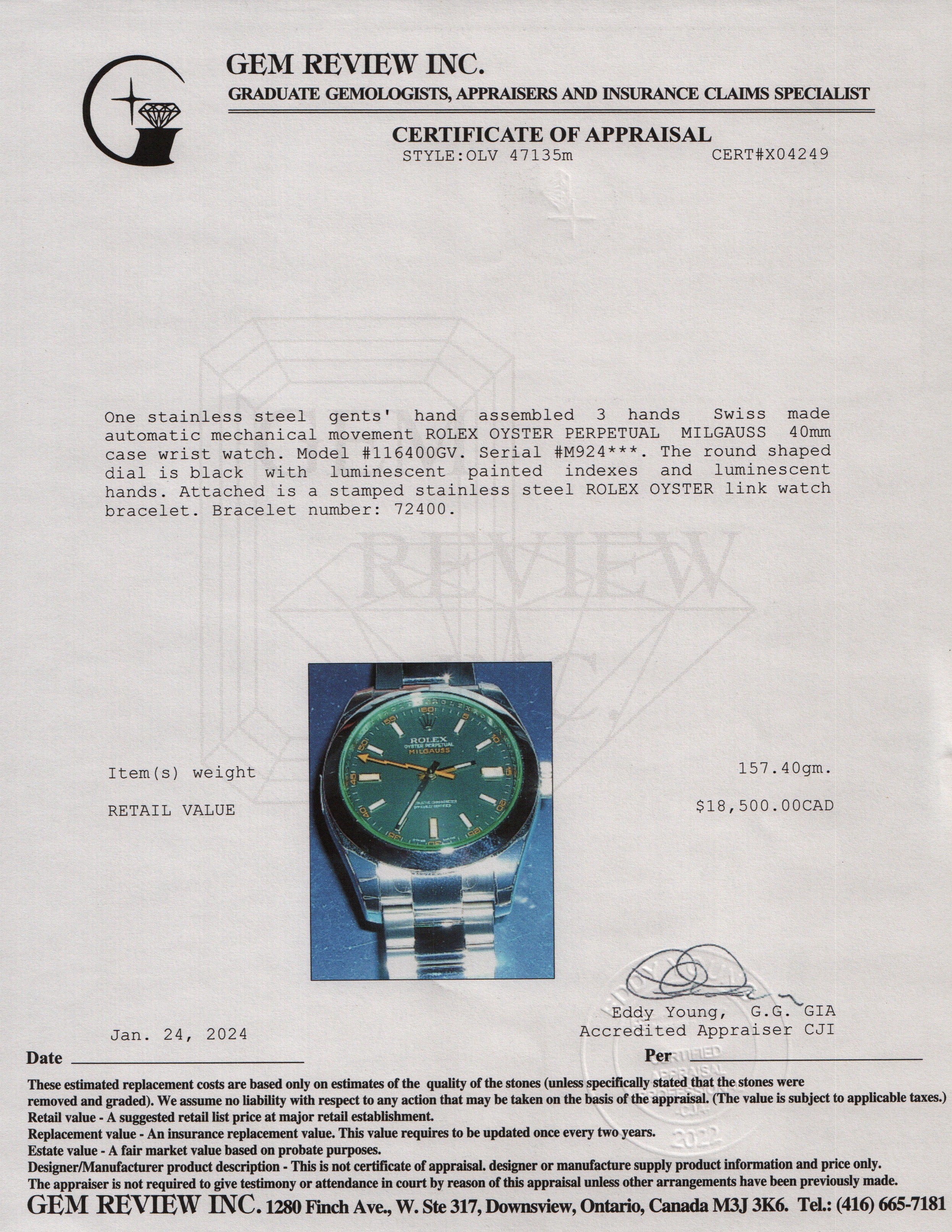 Rolex Stainless Steel Milgauss Green Crystal 40 MM Watch w/ Box & Papers - Image 7