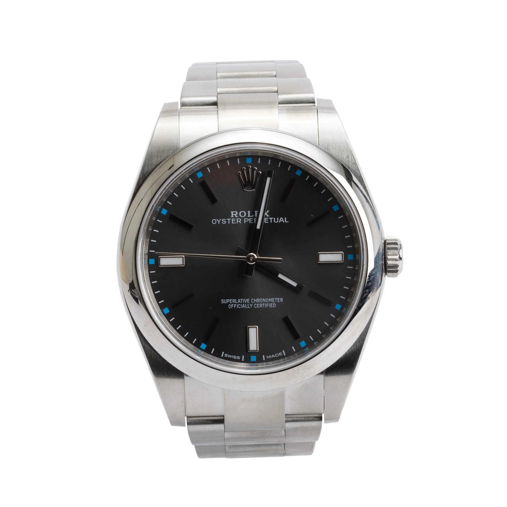 Rolex Stainless Steel Oyster Perpetual 39 MM Watch Grey Rhodium Dial 114300 w/ Box & Paper