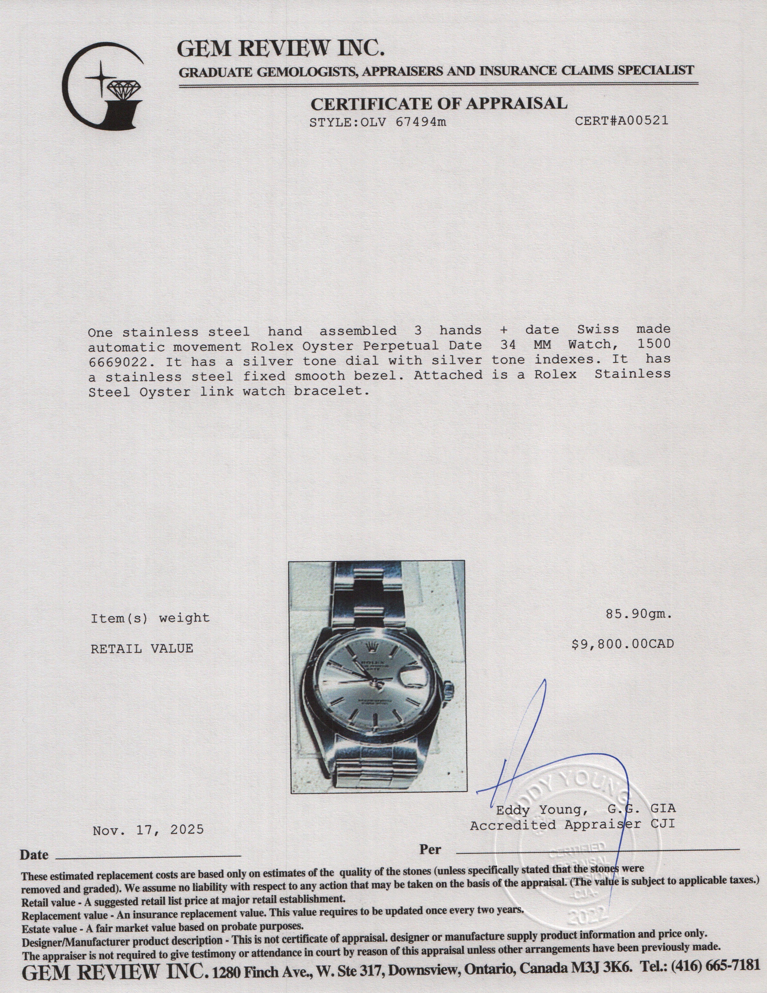 Rolex Stainless Steel Oyster Perpetual Date 34 MM Watch Silver Dial 1500 - Image 5