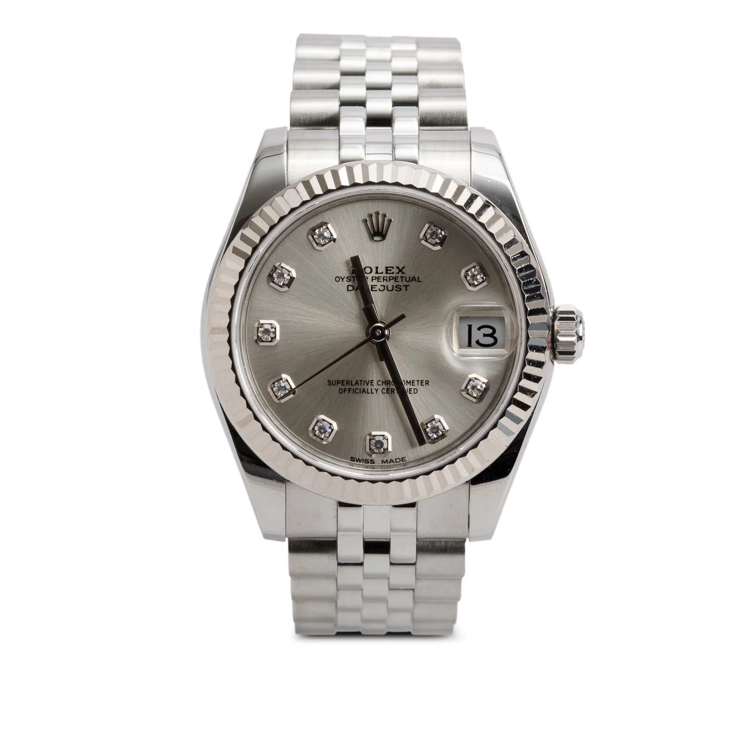 Rolex Stainless Steel Silver Datejust 31 MM Automatic Watch Silver Diamond Dial 178274 w/ Box & Papers
