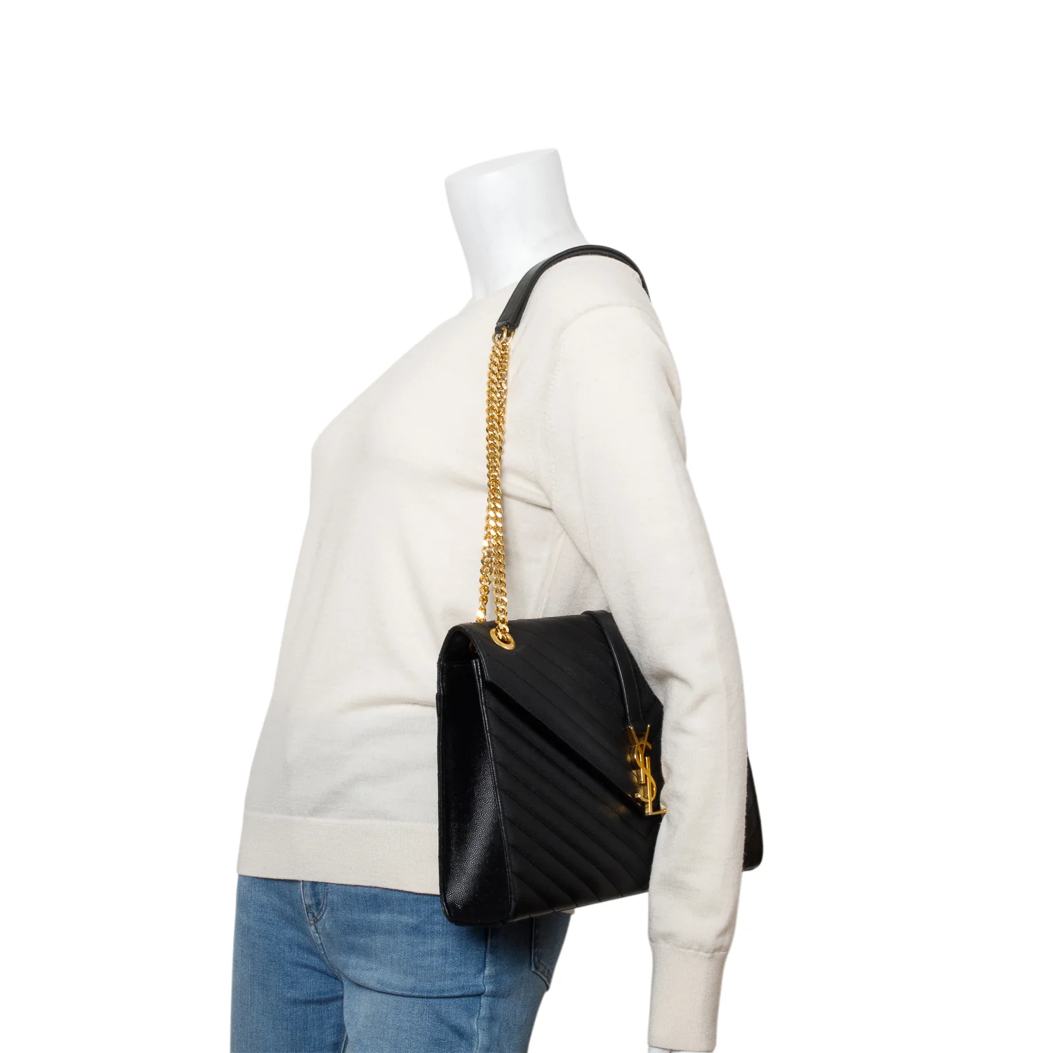Saint Lauren Black Grain de Poudre Matelasse Large Monogram Envelope Bag - Image 2