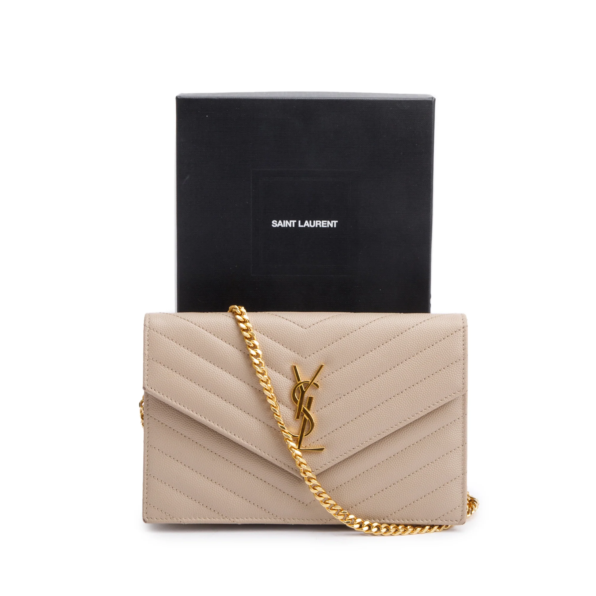 Saint Laurent 2020 Beige Grain De Poudre Leather Cassandre Envelope Chain Wallet w/ Box - Image 3