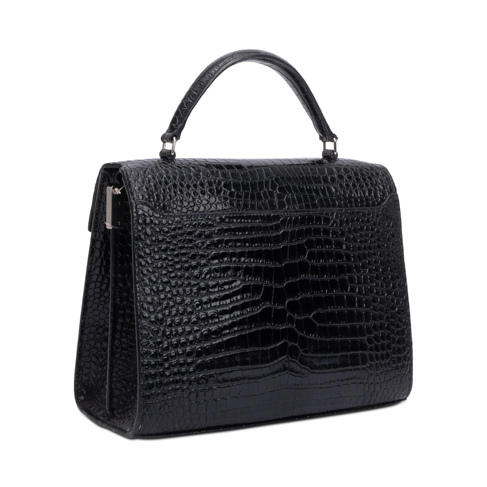Saint Laurent 2020 Black Croc-Embossed Leather Cassandra Medium Top Handle Bag - Image 6