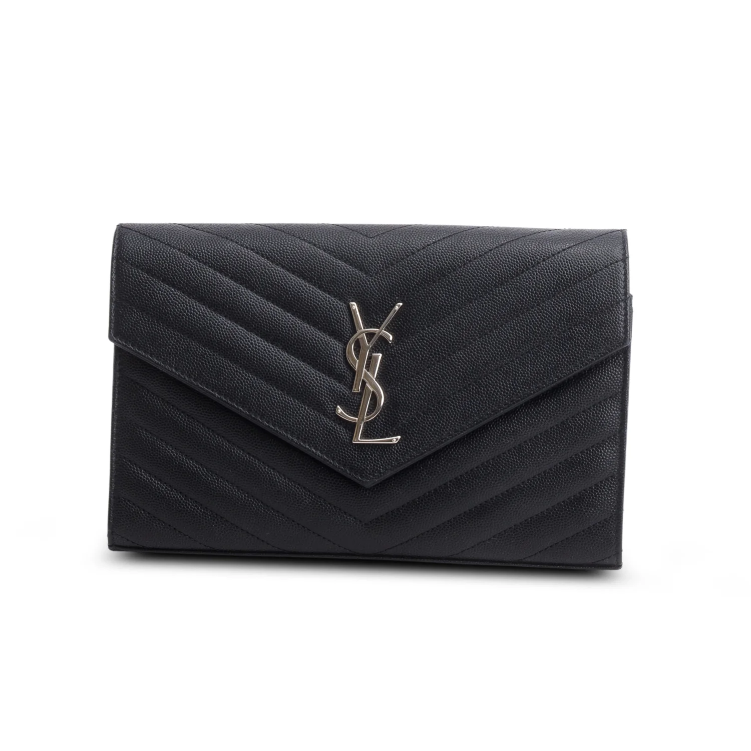 Saint Laurent 2020 Black Grain De Poudre Chevron Cassandre Envelope Chain Wallet - Image 3