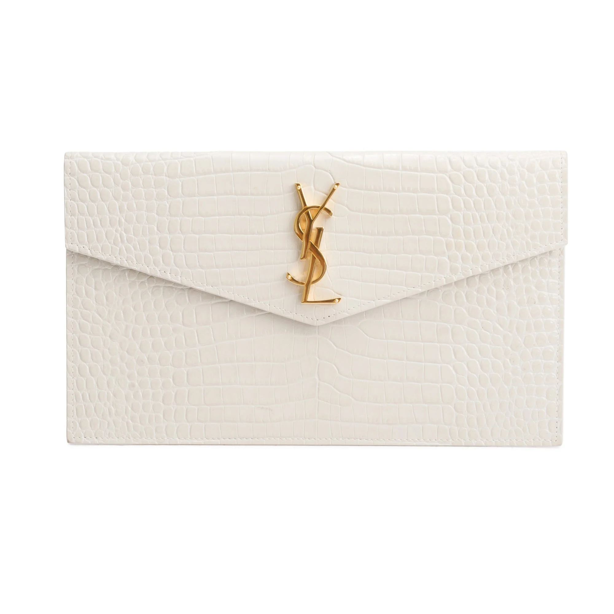 Saint Laurent 2020 Neutral Crocodile-Embossed Leather Uptown Pouch