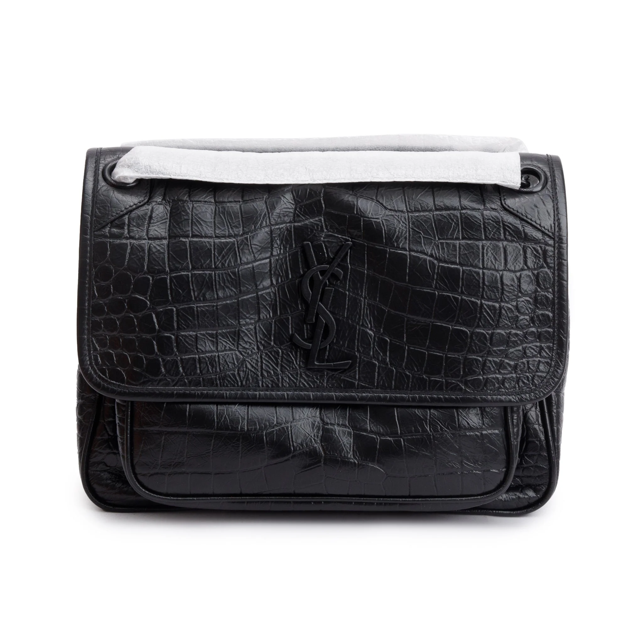 Saint Laurent 2021 Black Crocodile Embossed Calfskin Leather Medium Niki Shoulder Bag w/ Box