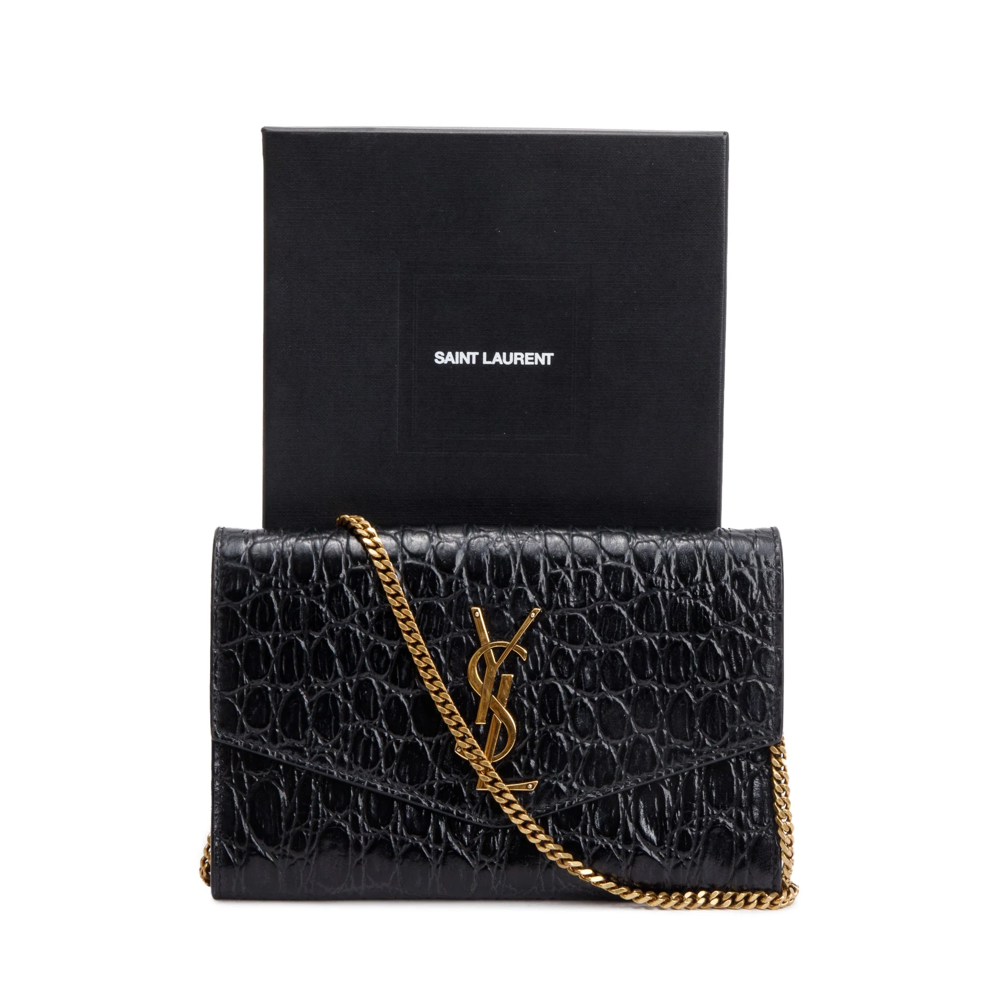 Saint Laurent 2021 Black Crocodile Embossed Leather Uptown Chain Wallet w/ Box - Image 3