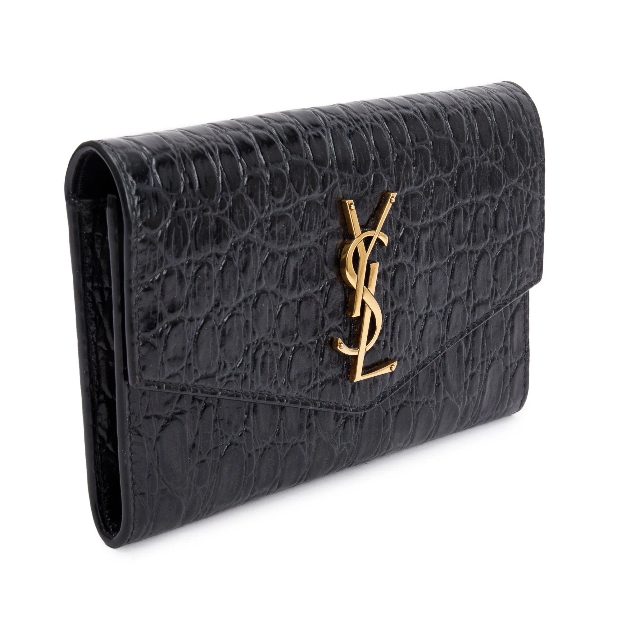 Saint Laurent 2021 Black Crocodile Embossed Leather Uptown Chain Wallet w/ Box - Image 5