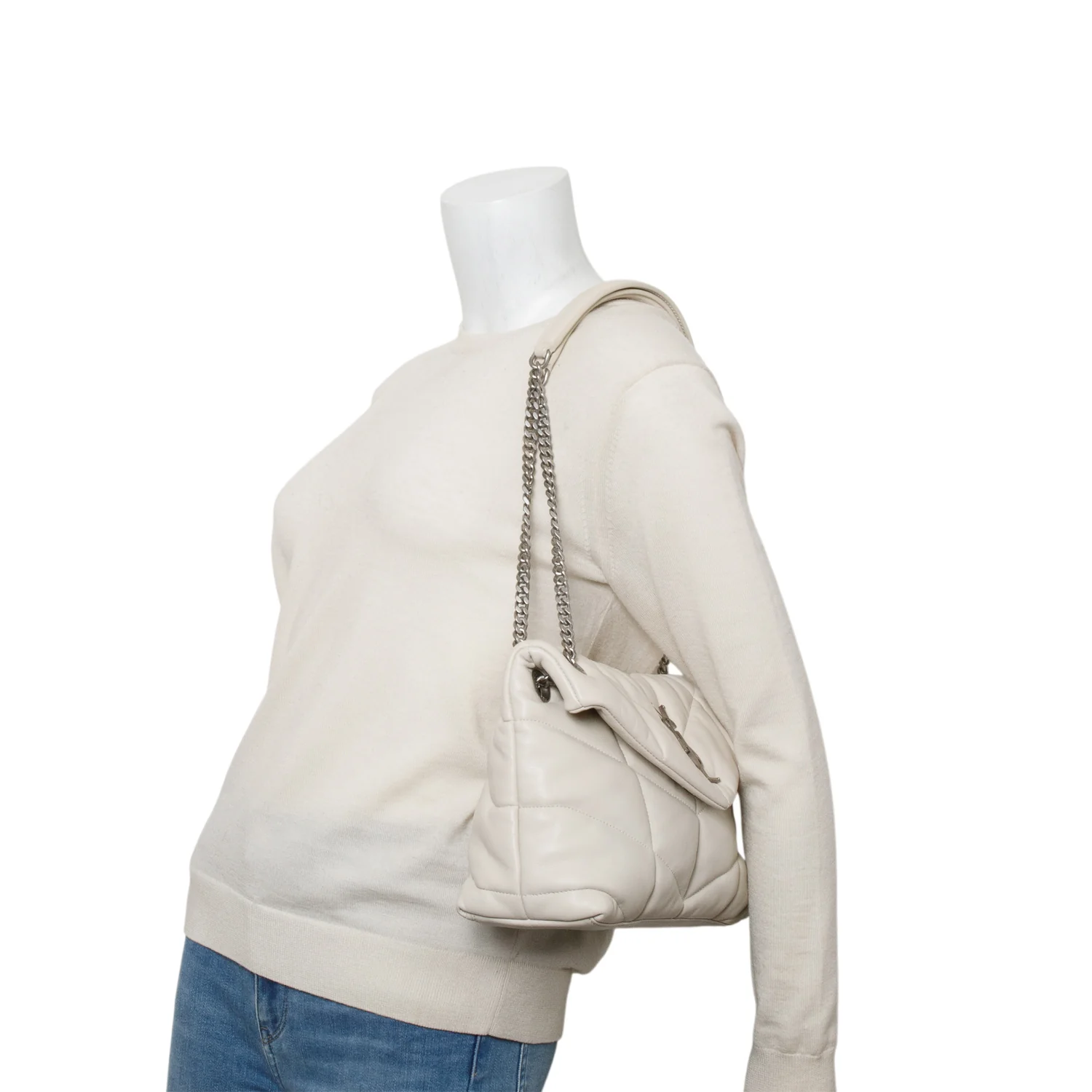 Saint Laurent 2021 Cream Lambskin Quilted Small Loulou Puffer Monogram Chain Satchel - Image 2