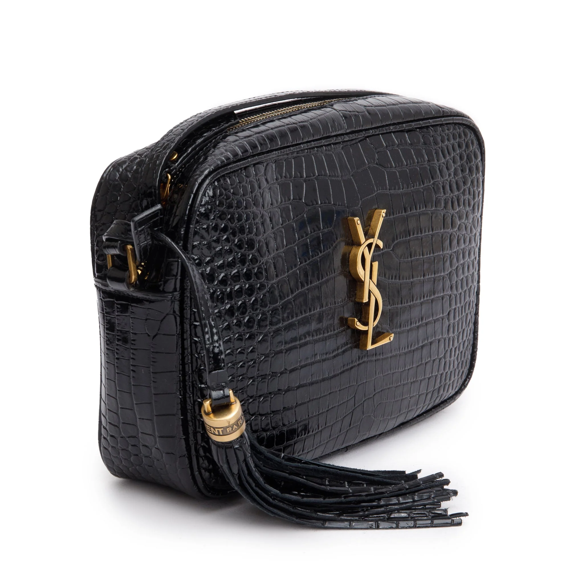 Saint Laurent 2022 Black Croc Embossed Patent Leather Lou Camera Bag w/ Receipt - Image 4