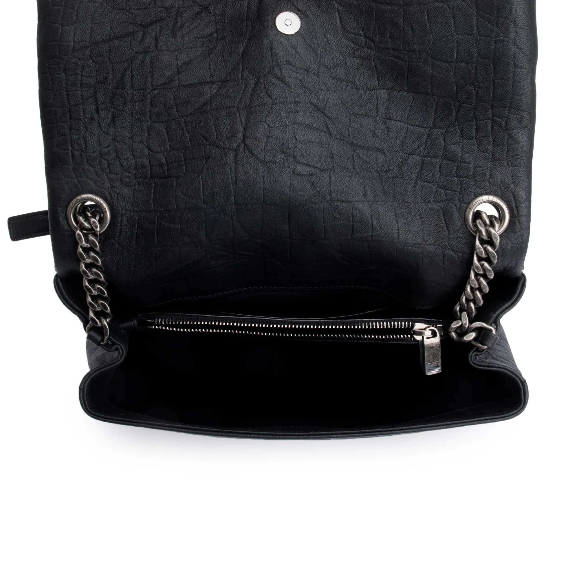 Saint Laurent 2022 Black Crocodile Embossed Calfskin Leather Medium Monogram West Hollywood Fold-Over Bag - Image 8