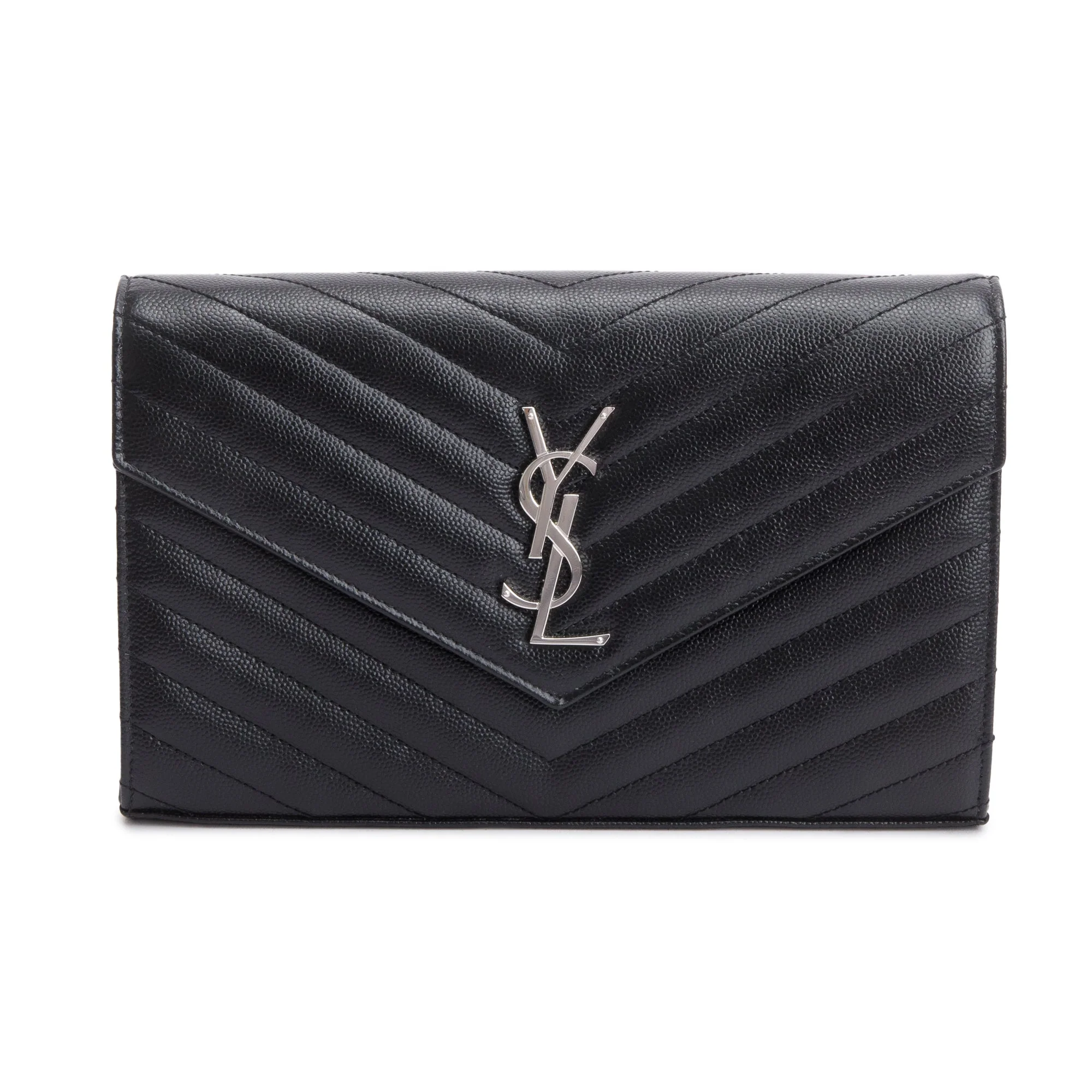 Saint Laurent 2022 Black Grain De Poudre Cassandre Envelope Chain Wallet w/ Box - Image 4