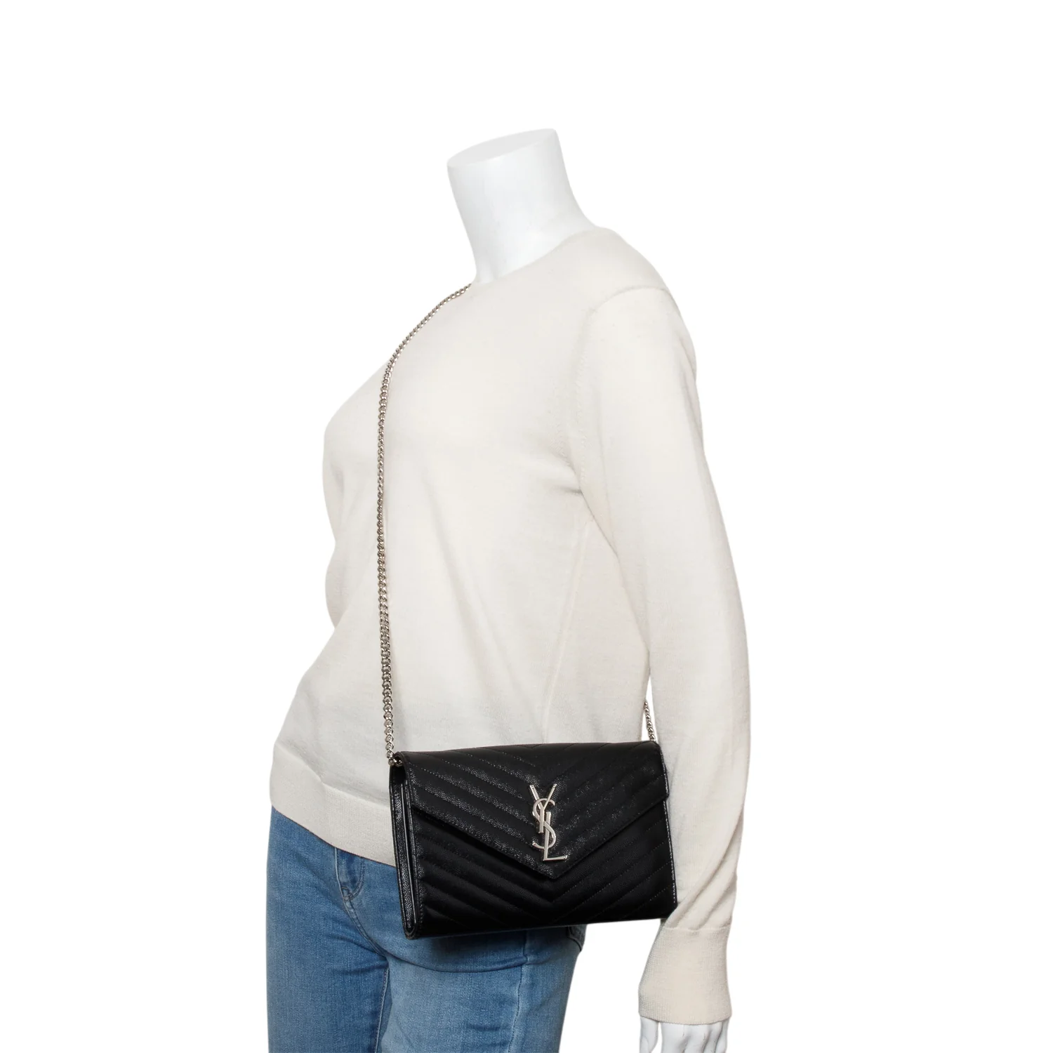 Saint Laurent 2022 Black Grain De Poudre Leather Cassandre Envelope Chain Wallet - Image 2