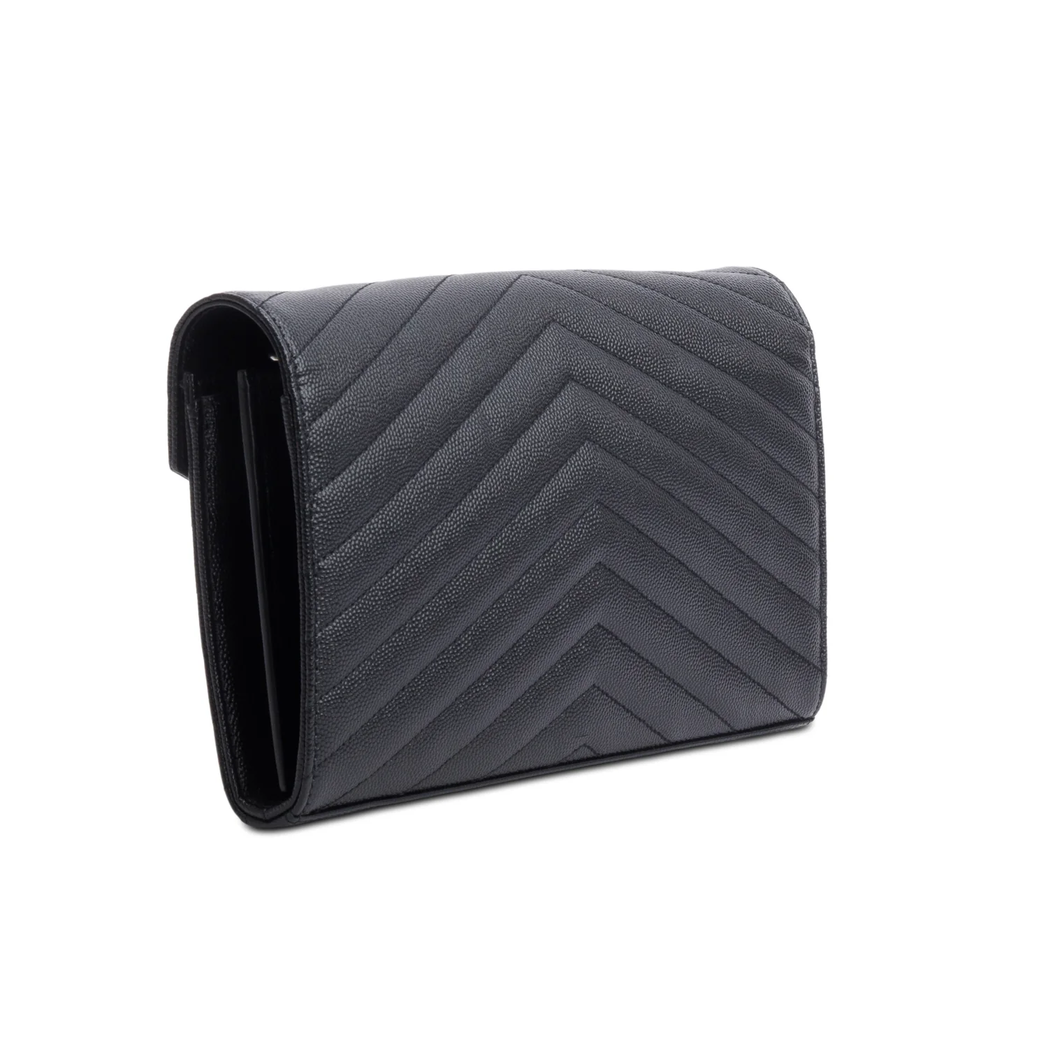 Saint Laurent 2022 Black Grain De Poudre Leather Cassandre Envelope Chain Wallet - Image 6