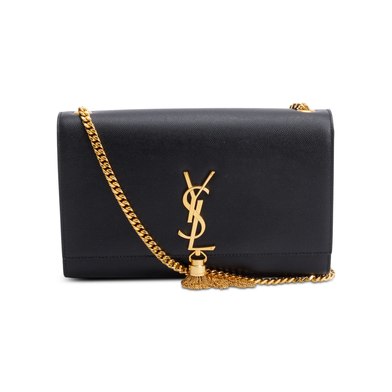 Saint Laurent 2022 Black Grain De Poudre Leather Medium Classic Monogram Kate Tassel Chain Bag w/ Box