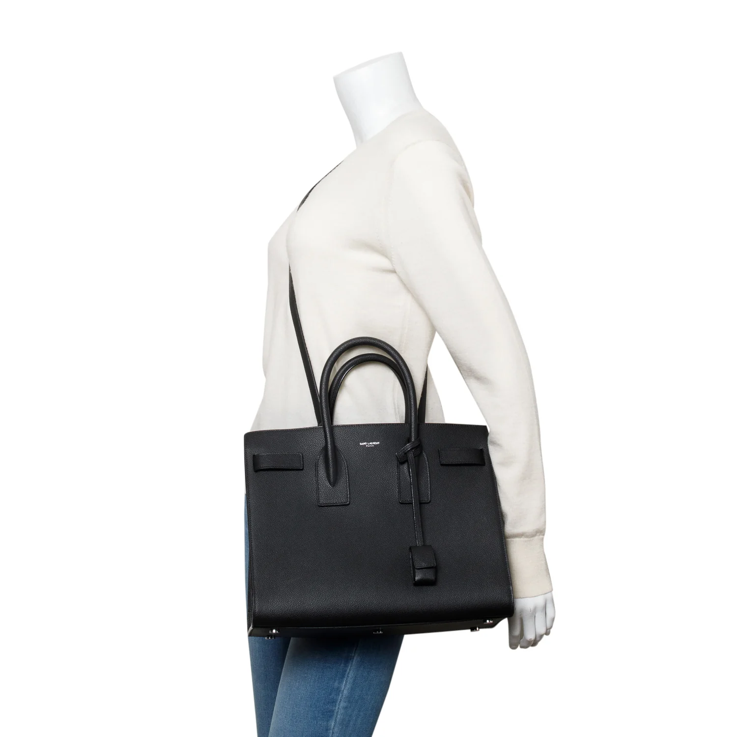 Saint Laurent 2022 Black Grained Calfskin Leather Small Sac De Jour w/ Strap - Image 2