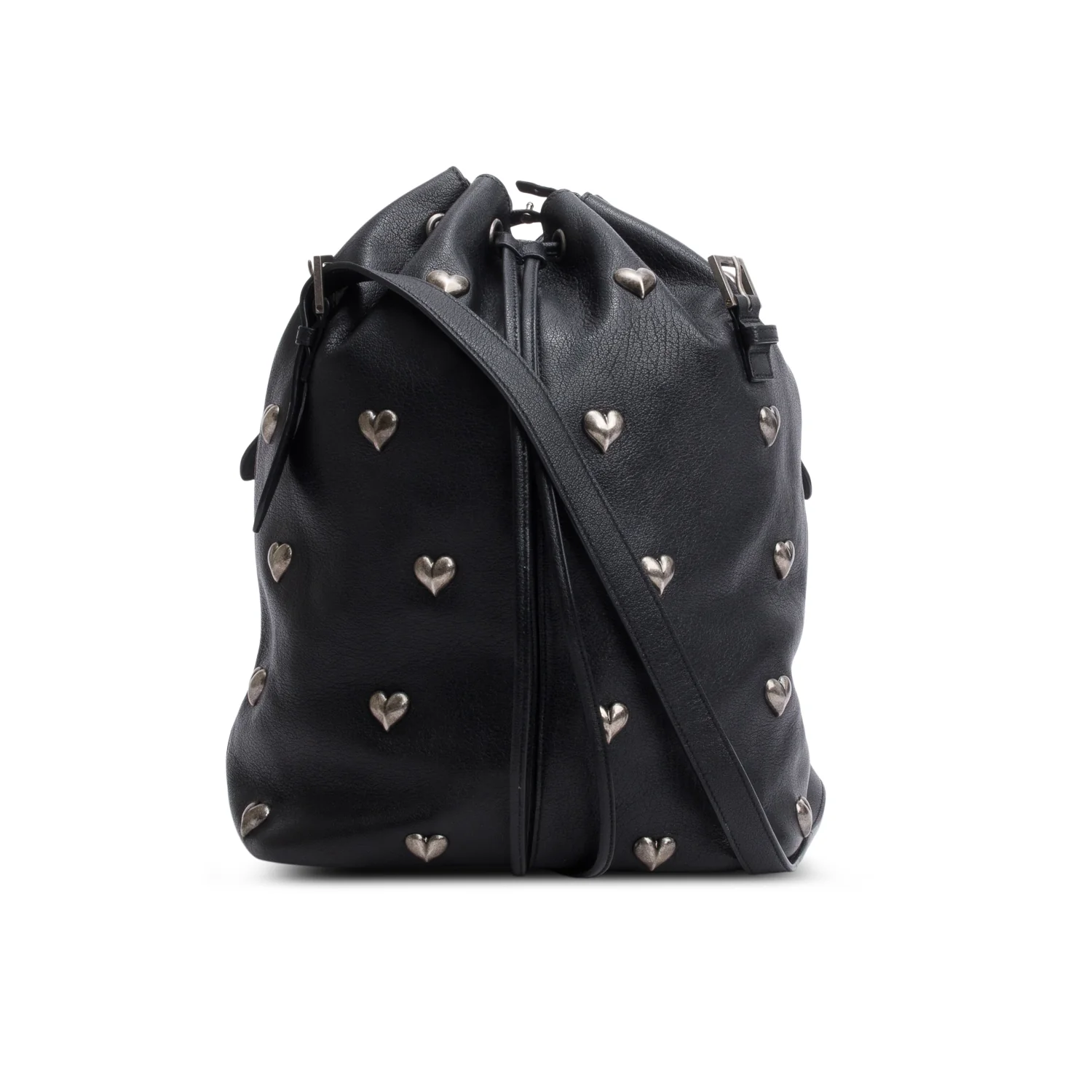 Saint Laurent 2022 Black Lambskin Heart Studded Riva Medium Bucket Bag w/ Pochette - Image 3