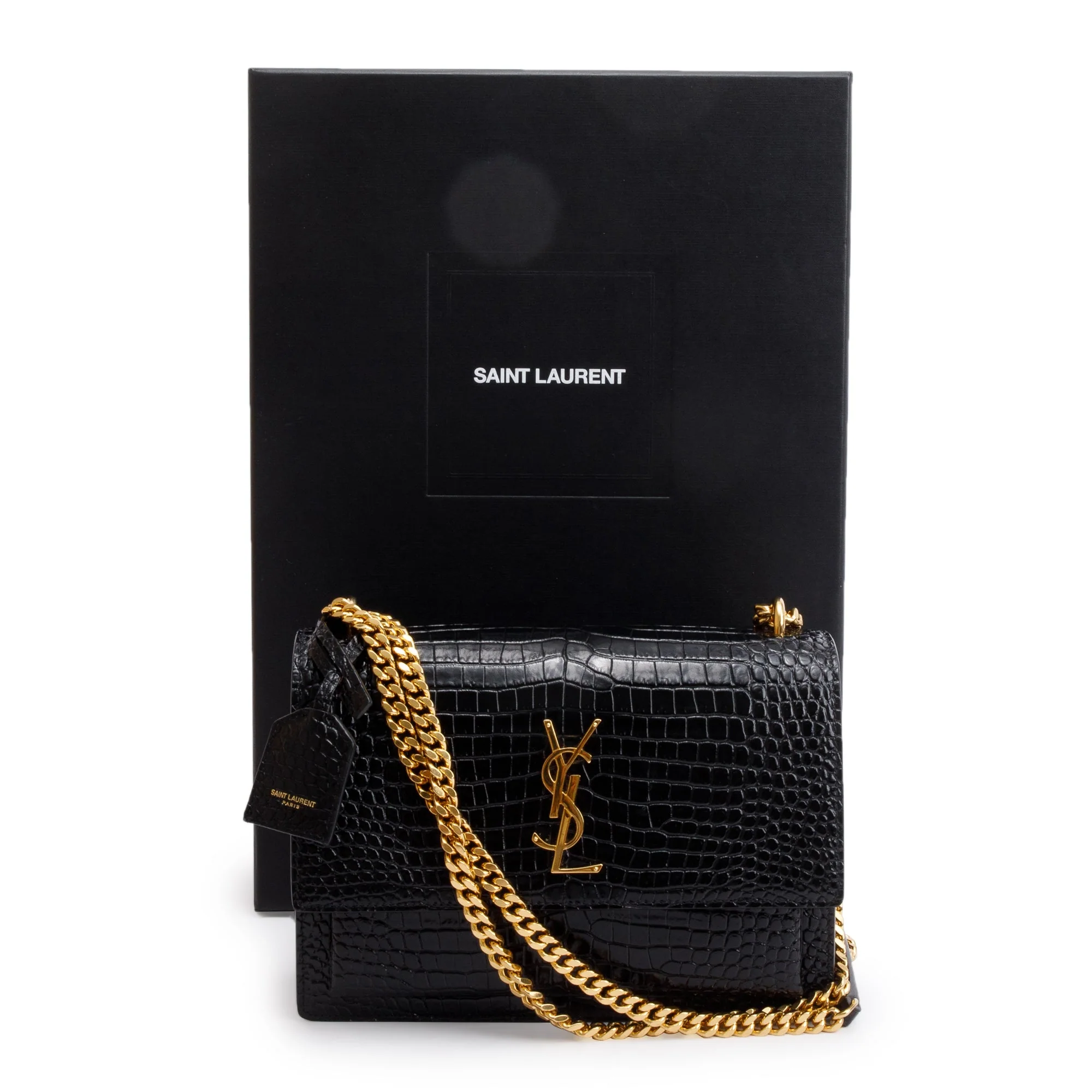 Saint Laurent 2022 Black Medium Crocodile Embossed Sunset Bag w/ Box & Receipt - Image 2