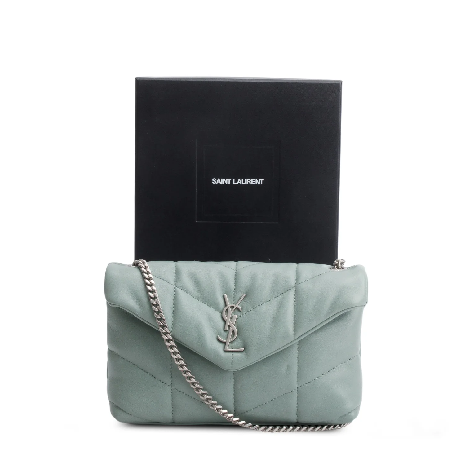 Saint Laurent 2022 Blue Lambskin Quilted Toy Loulou Puffer Monogram Chain Satchel w/ Box - Image 3