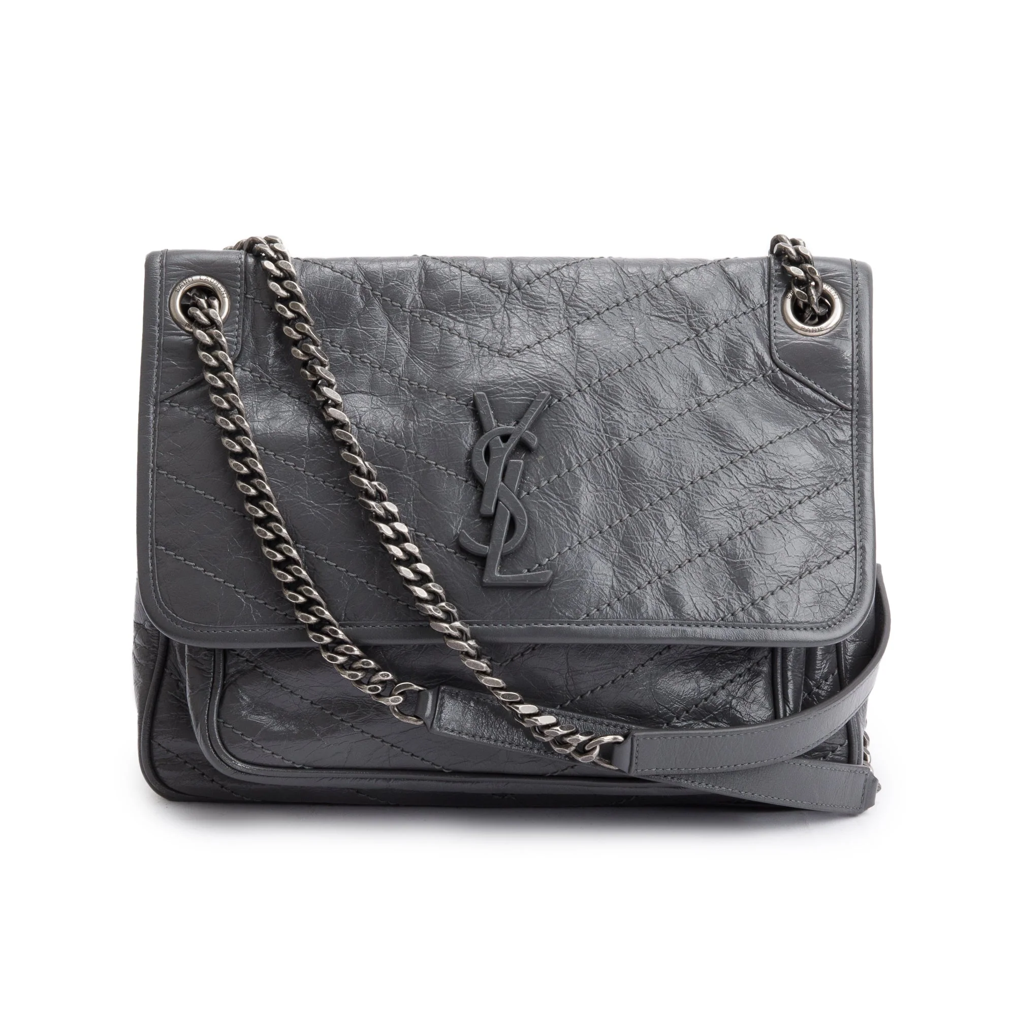 Saint Laurent 2022 Grey Crinkled Calfskin Leather Medium Niki Shoulder Bag