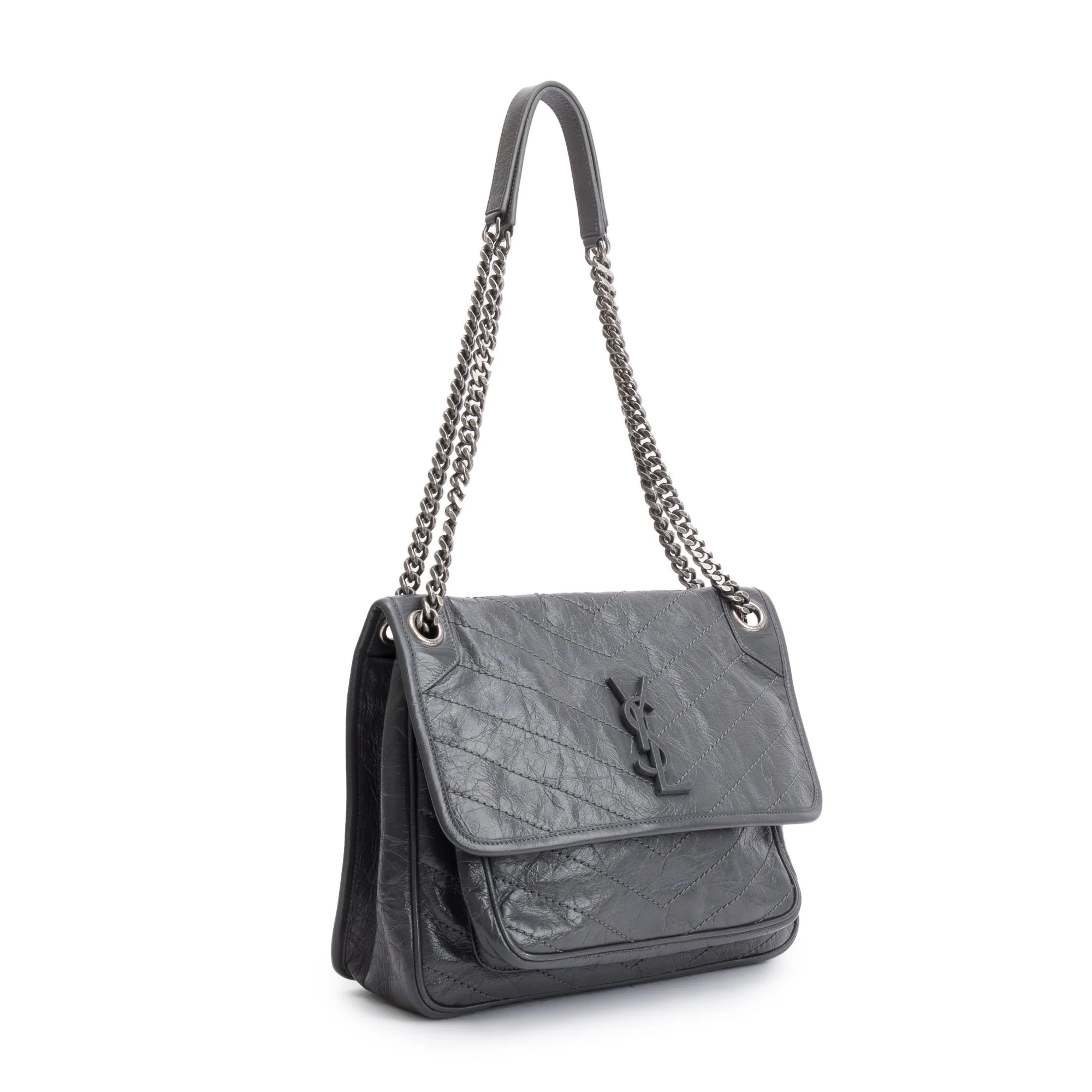 Saint Laurent 2022 Grey Crinkled Calfskin Leather Medium Niki Shoulder Bag - Image 4