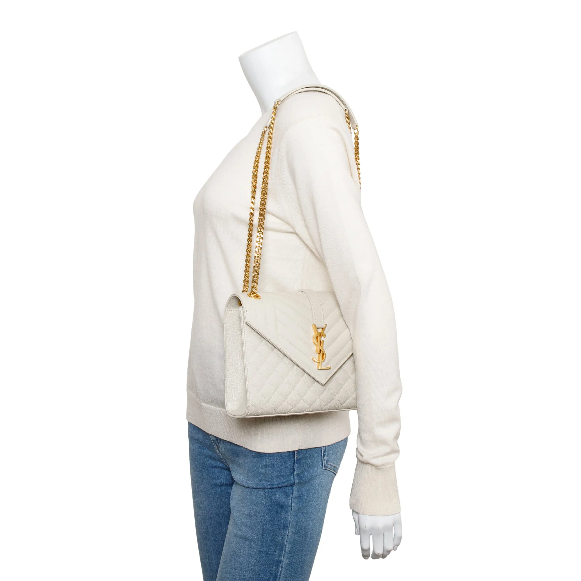 Saint Laurent 2022 White Quilted Grain De Poudre Leather Medium Envelope Chain Bag w/ Box - Image 2