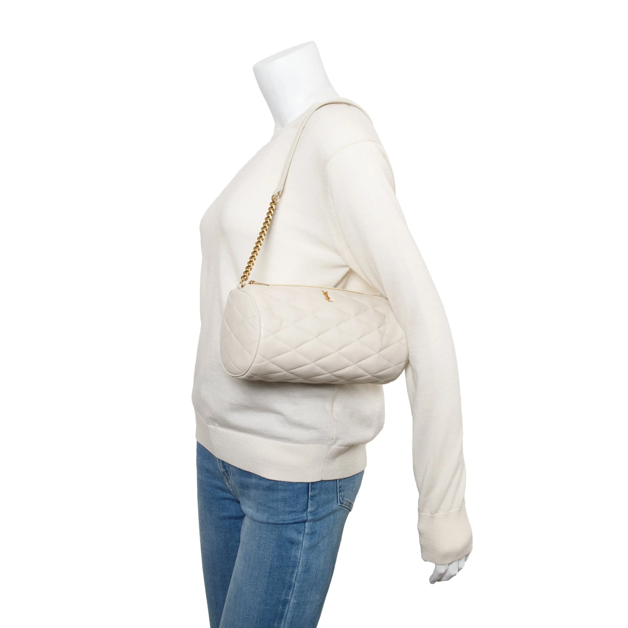 Saint Laurent 2022 White Quilted Lambskin Leather Small Sade Tube Bag - Image 2