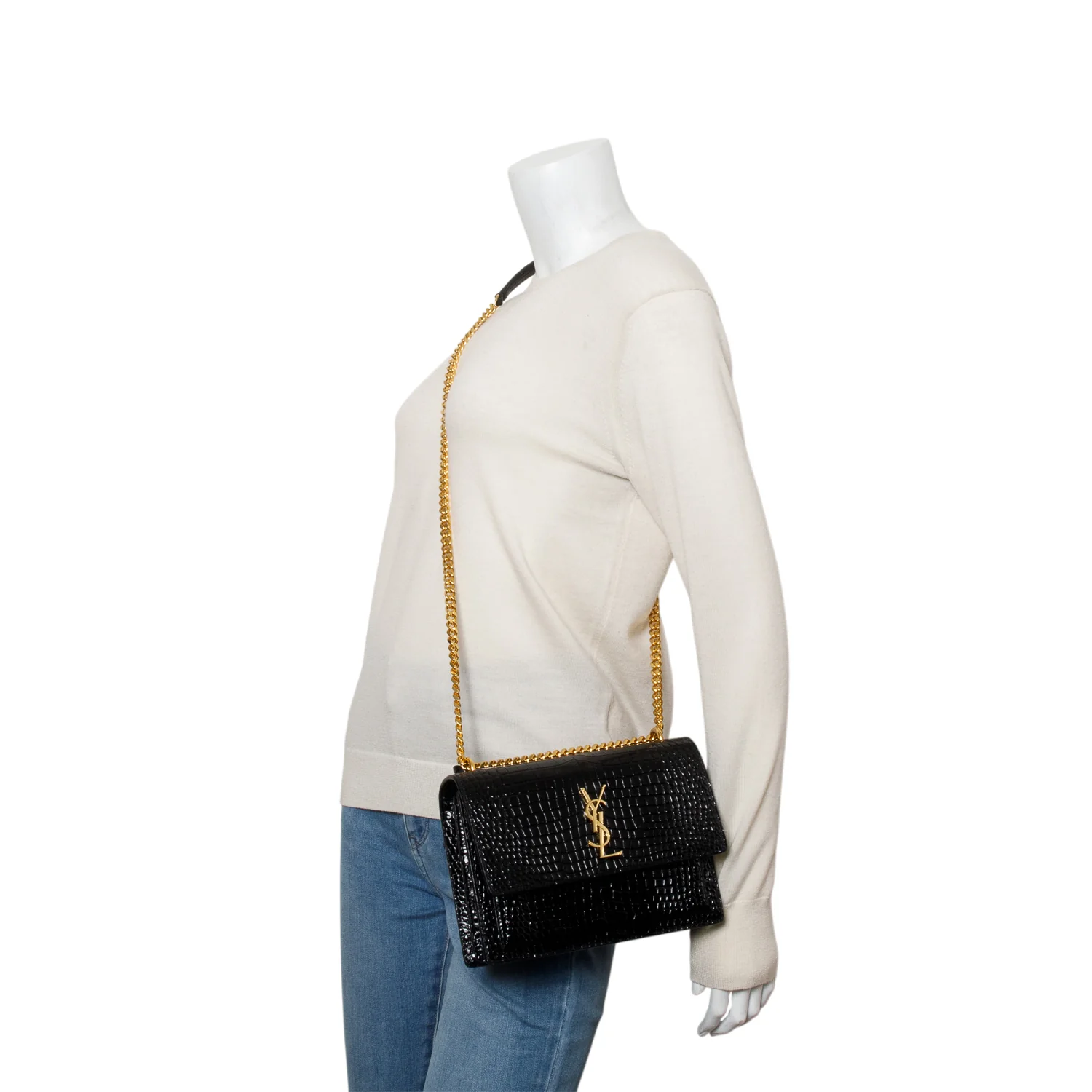 Saint Laurent 2023 Black Croc Embossed Calfskin Medium Sunset Bag - Image 2